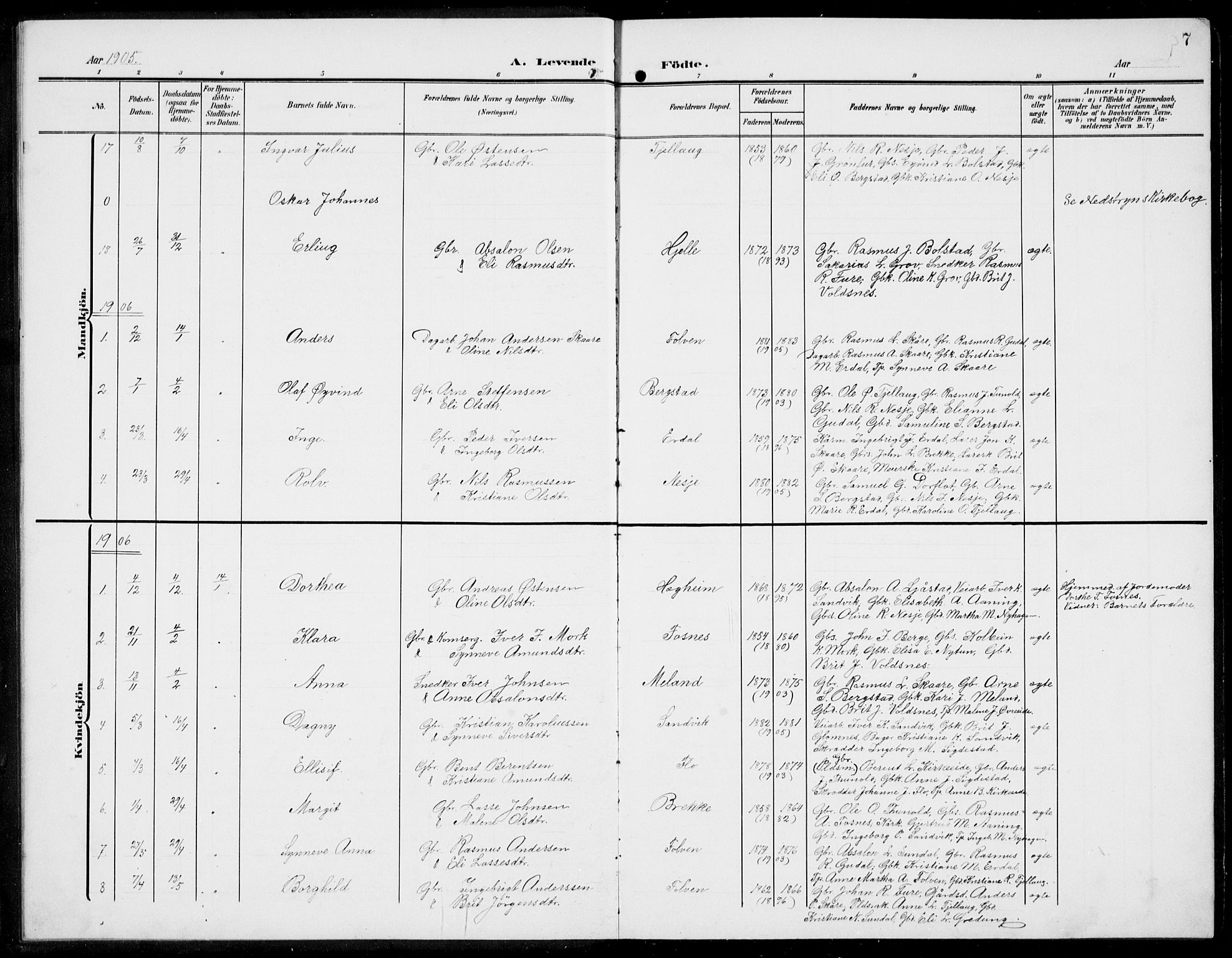 Stryn Sokneprestembete, AV/SAB-A-82501: Parish register (copy) no. C 4, 1905-1936, p. 7