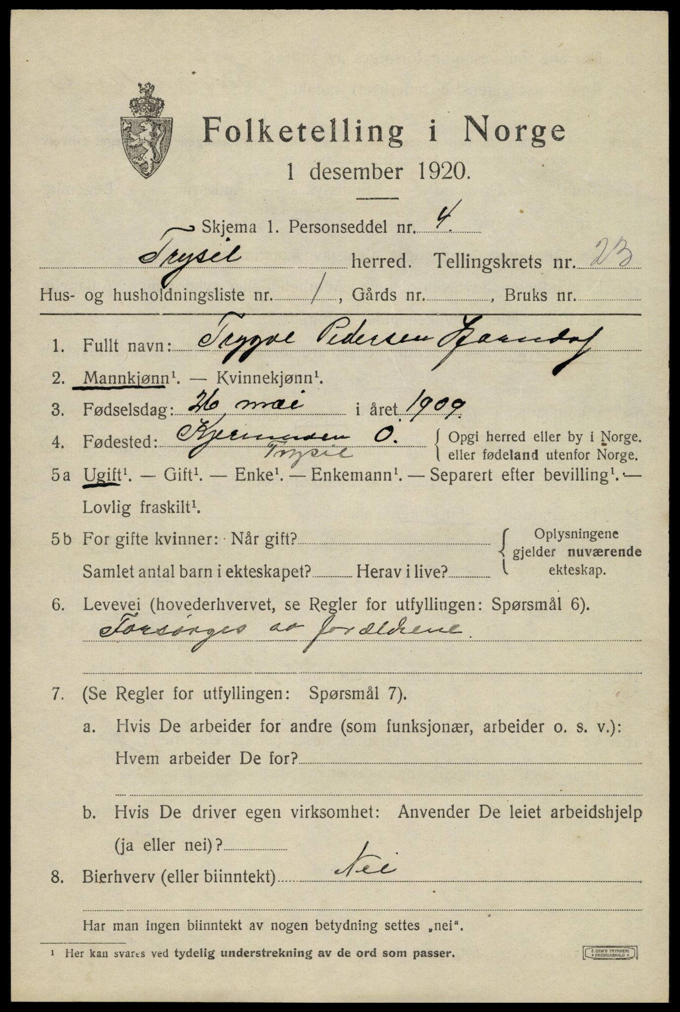 SAH, 1920 census for Trysil, 1920, p. 14853