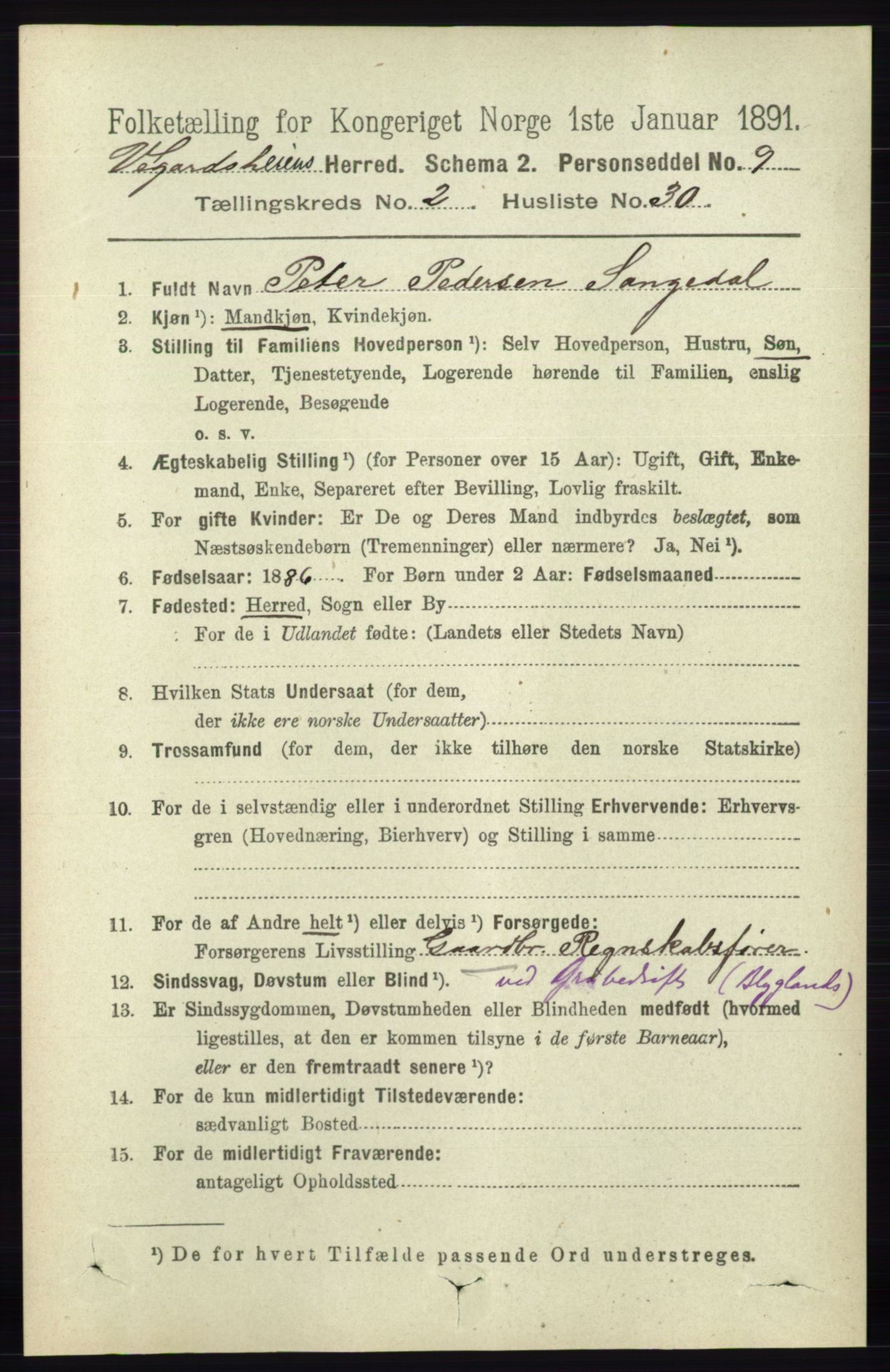 RA, 1891 census for 0912 Vegårshei, 1891, p. 593