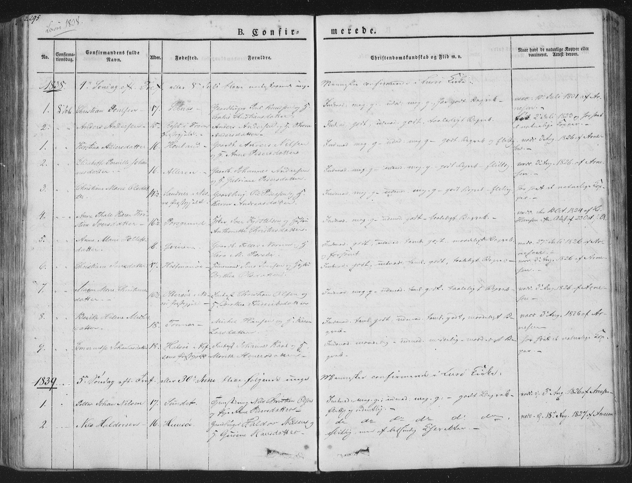 Ministerialprotokoller, klokkerbøker og fødselsregistre - Nordland, SAT/A-1459/839/L0565: Parish register (official) no. 839A02, 1825-1862, p. 295