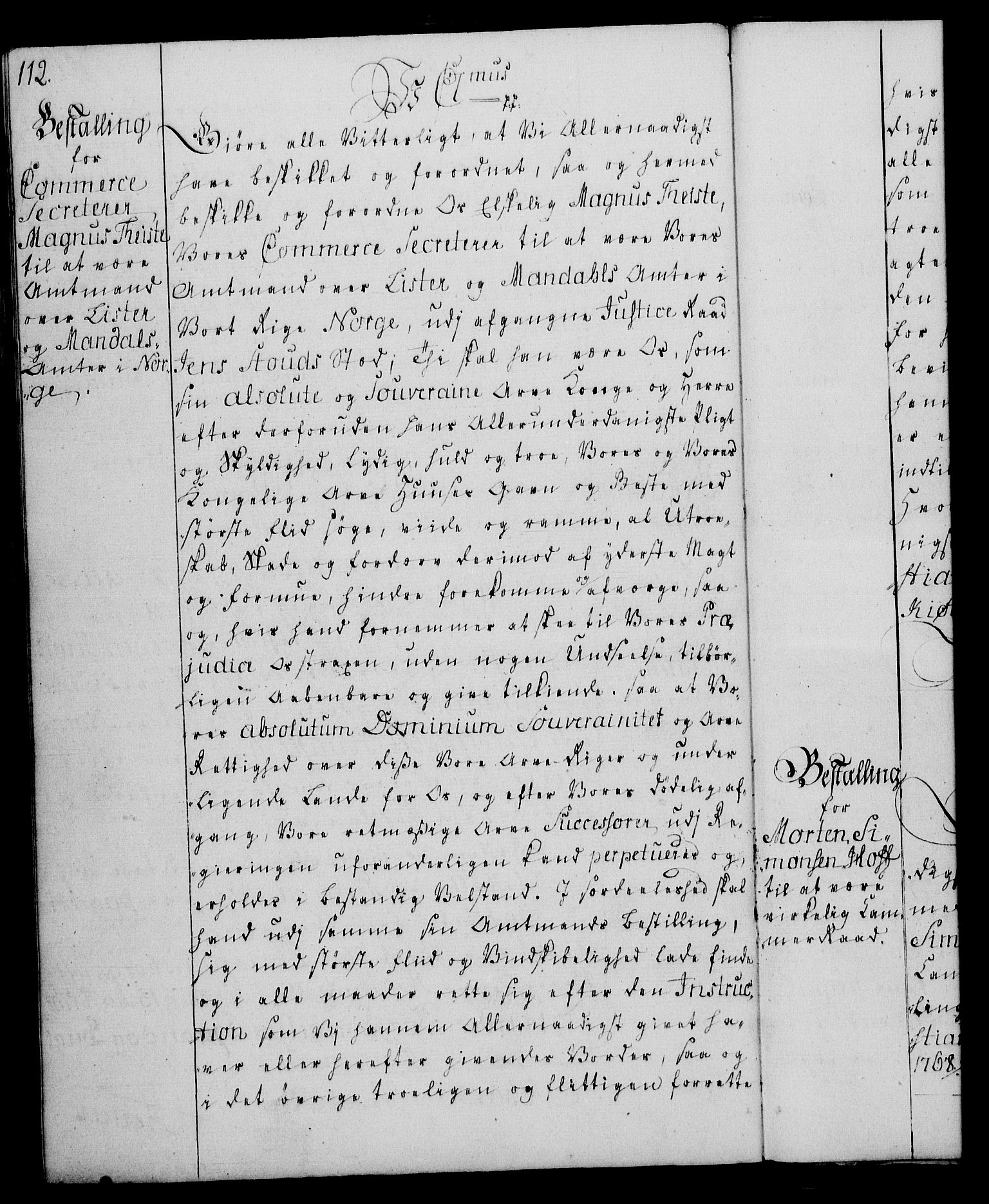 Rentekammeret, Kammerkanselliet, RA/EA-3111/G/Gg/Gge/L0004: Norsk bestallingsprotokoll med register (merket RK 53.28), 1762-1771, p. 112