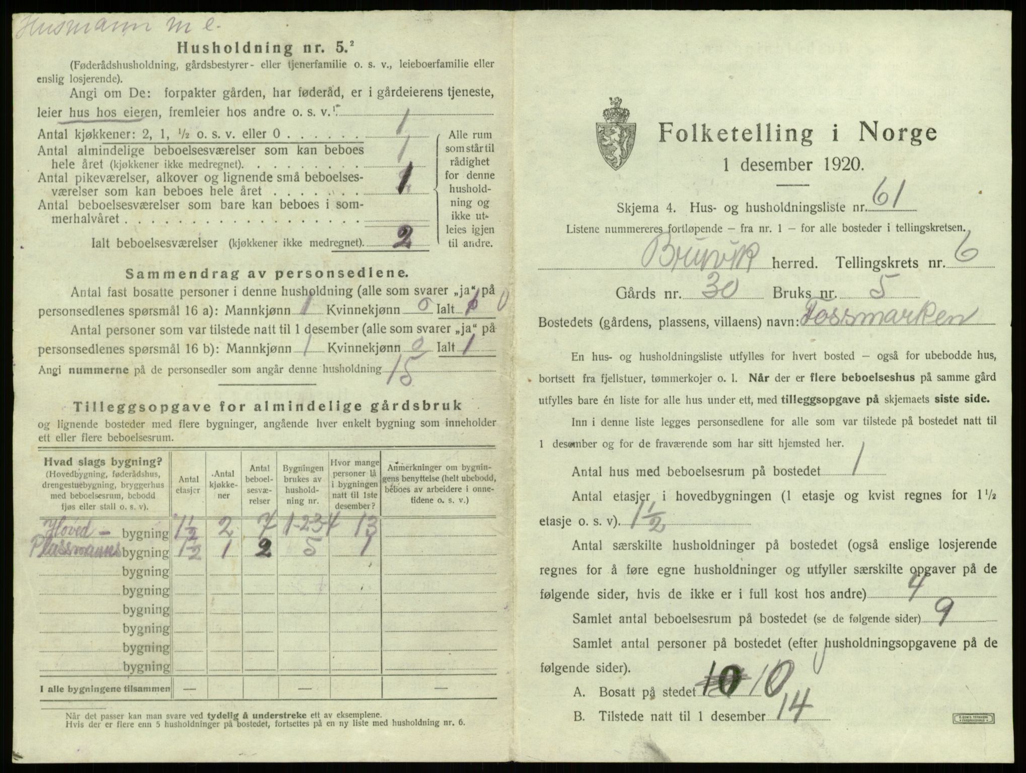 SAB, 1920 census for Bruvik, 1920, p. 524