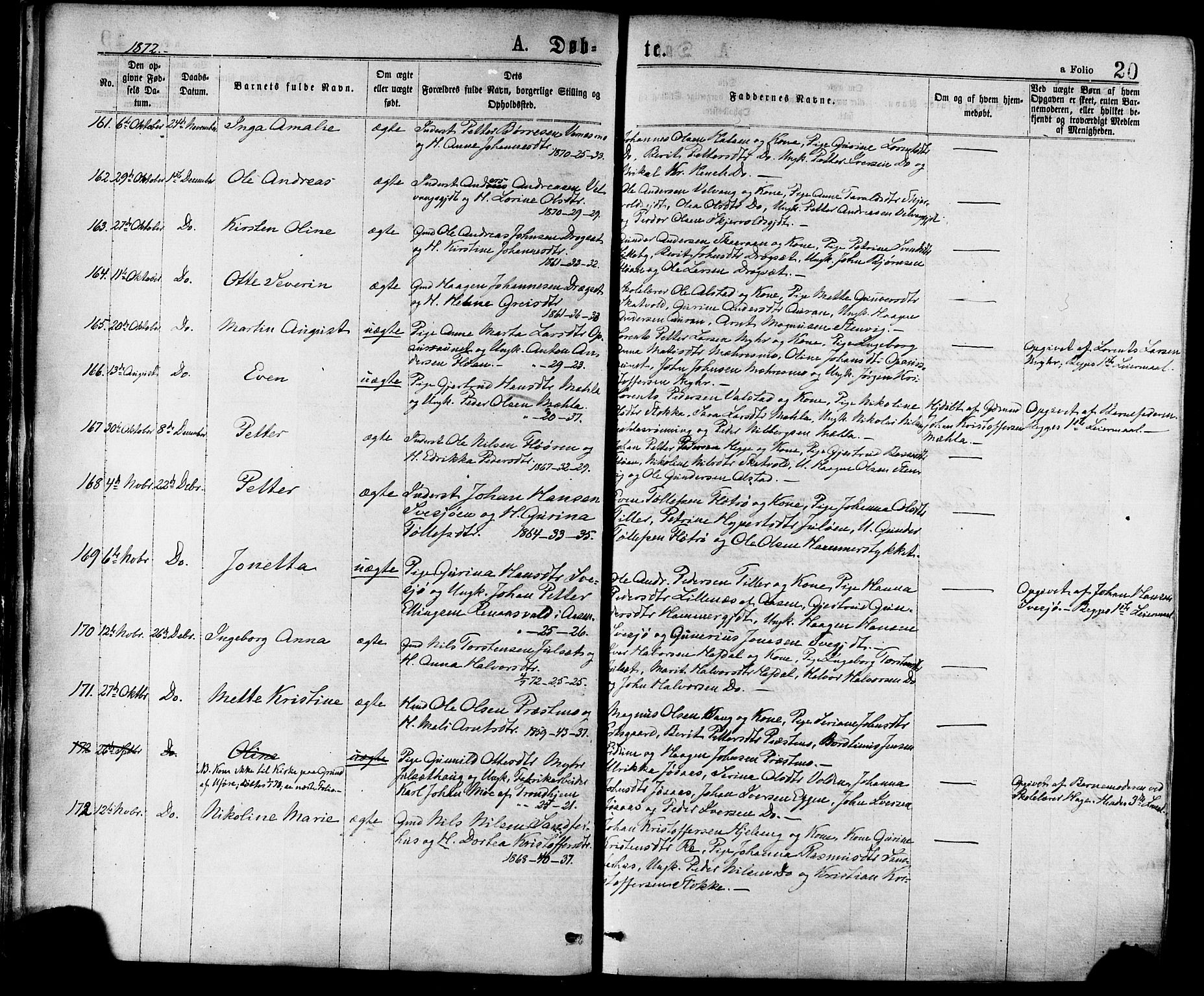 Ministerialprotokoller, klokkerbøker og fødselsregistre - Nord-Trøndelag, SAT/A-1458/709/L0076: Parish register (official) no. 709A16, 1871-1879, p. 20