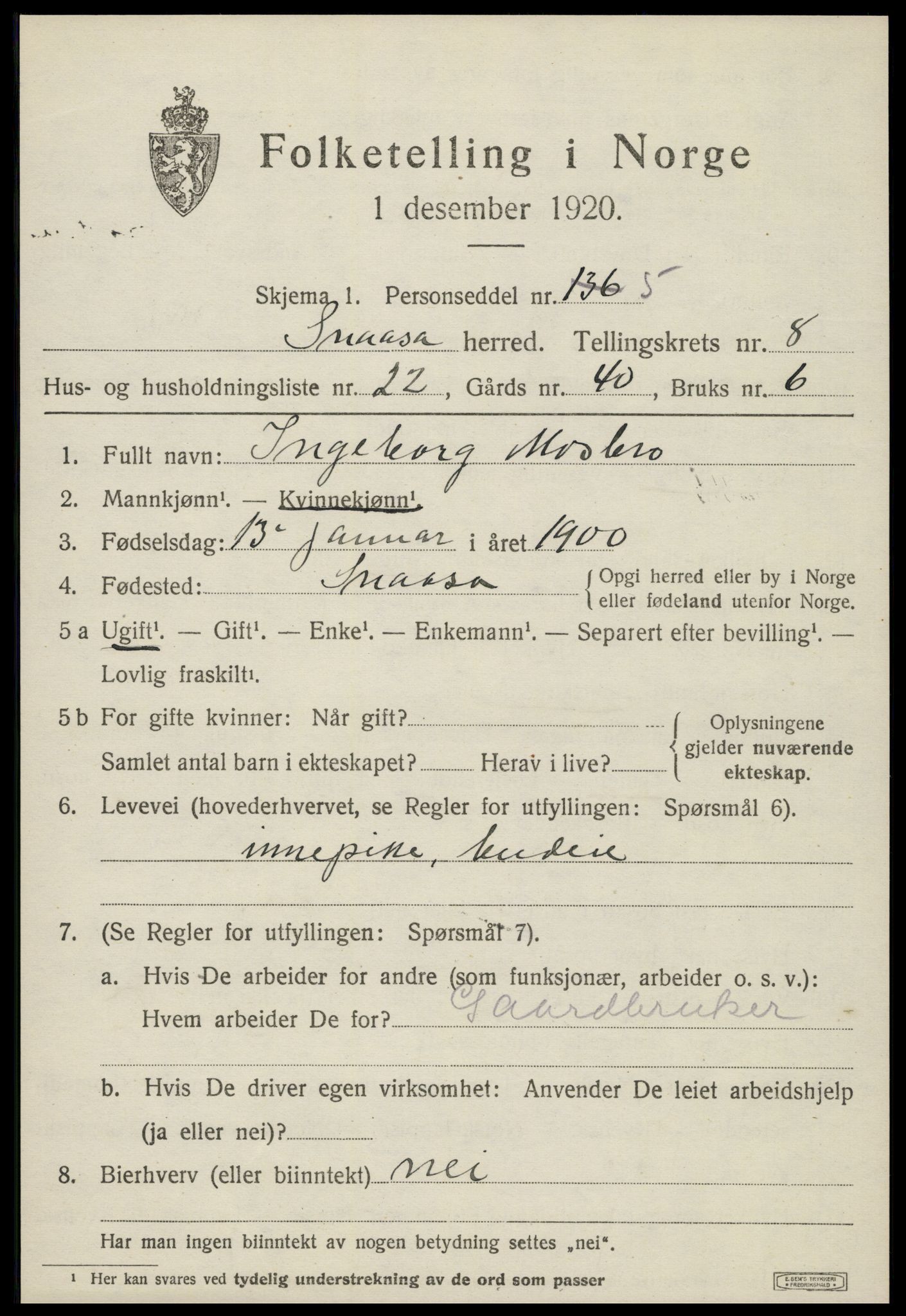 SAT, 1920 census for Snåsa, 1920, p. 3440