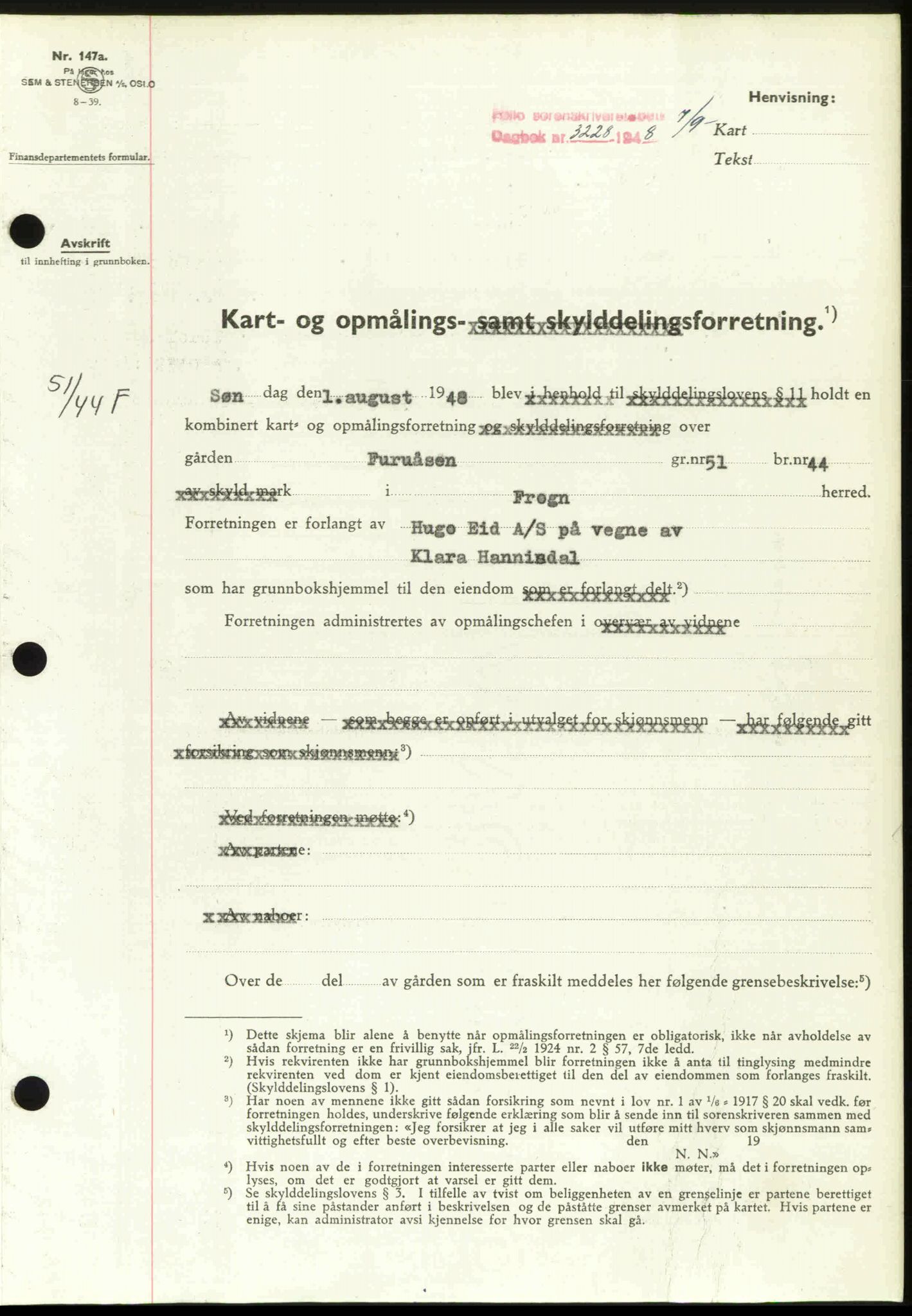 Follo sorenskriveri, SAO/A-10274/G/Ga/Gaa/L0085: Mortgage book no. I 85, 1948-1948, Diary no: : 3228/1948