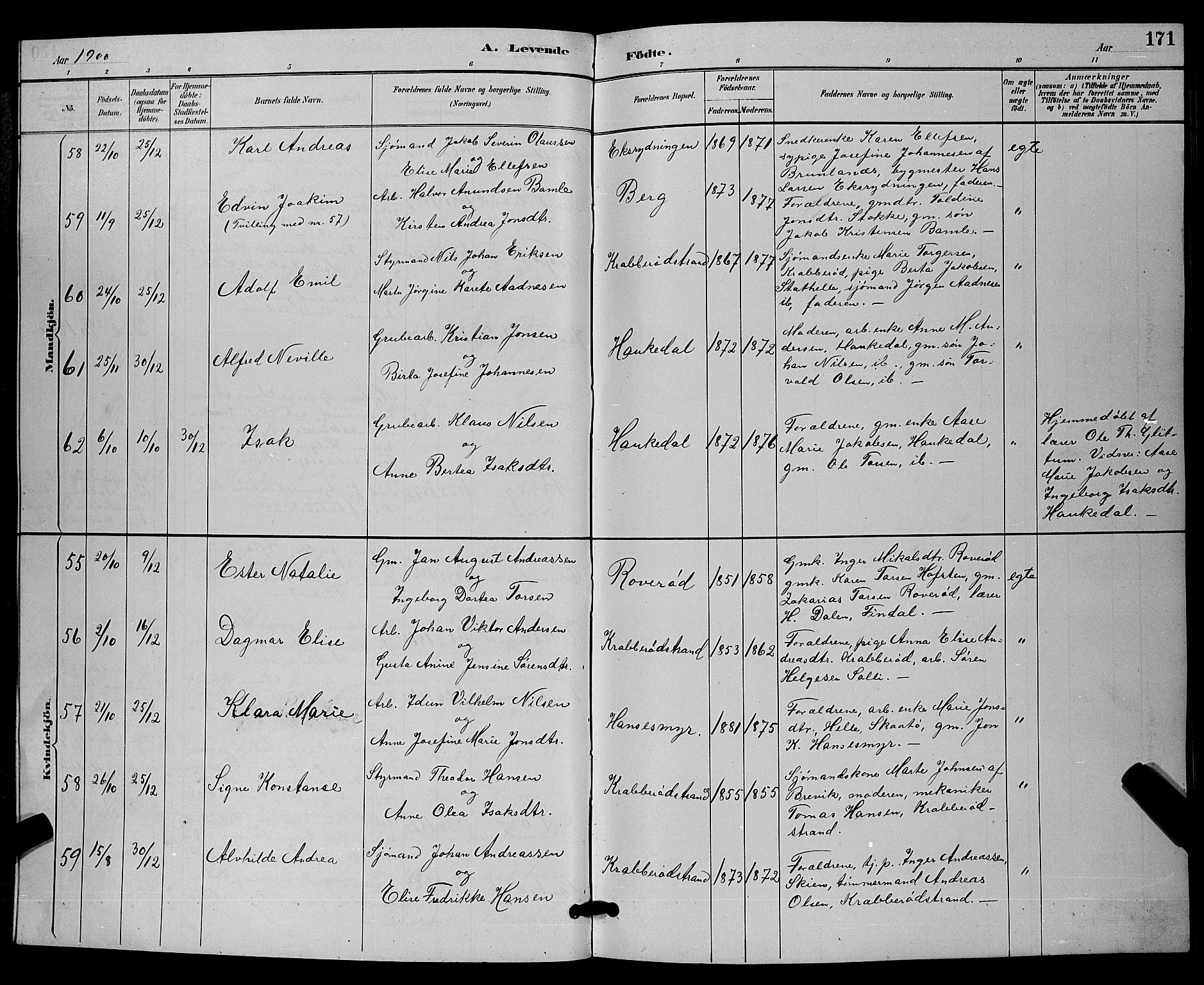 Bamble kirkebøker, SAKO/A-253/G/Ga/L0009: Parish register (copy) no. I 9, 1888-1900, p. 171