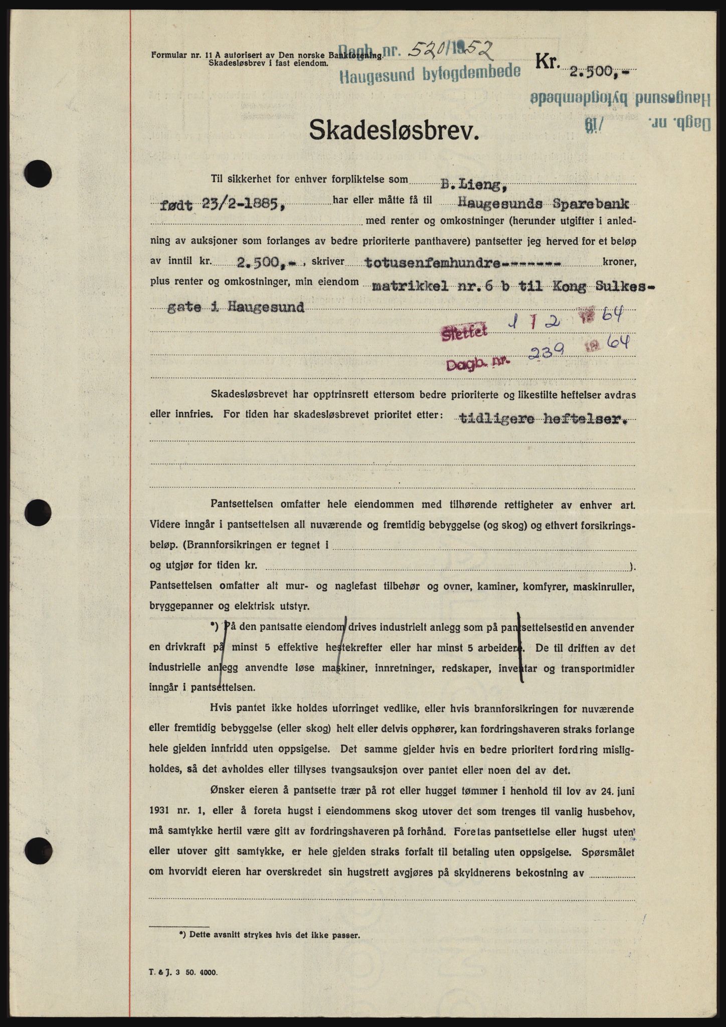 Haugesund tingrett, AV/SAST-A-101415/01/II/IIC/L0039: Mortgage book no. B 39, 1952-1953, Diary no: : 520/1952