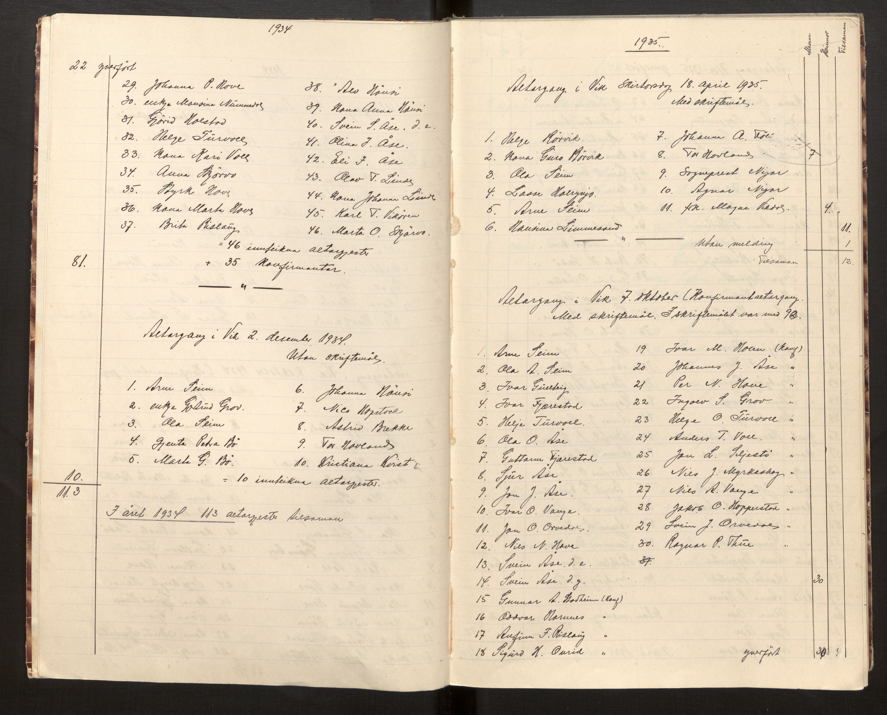Vik sokneprestembete, AV/SAB-A-81501/H/Hb/L0003: Communicants register no. 3, 1934-1970