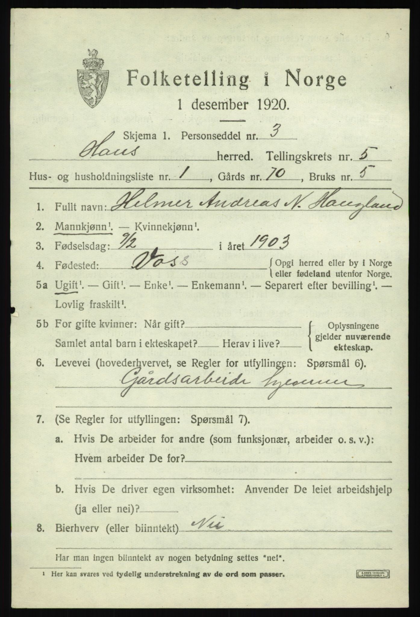 SAB, 1920 census for Haus, 1920, p. 3283