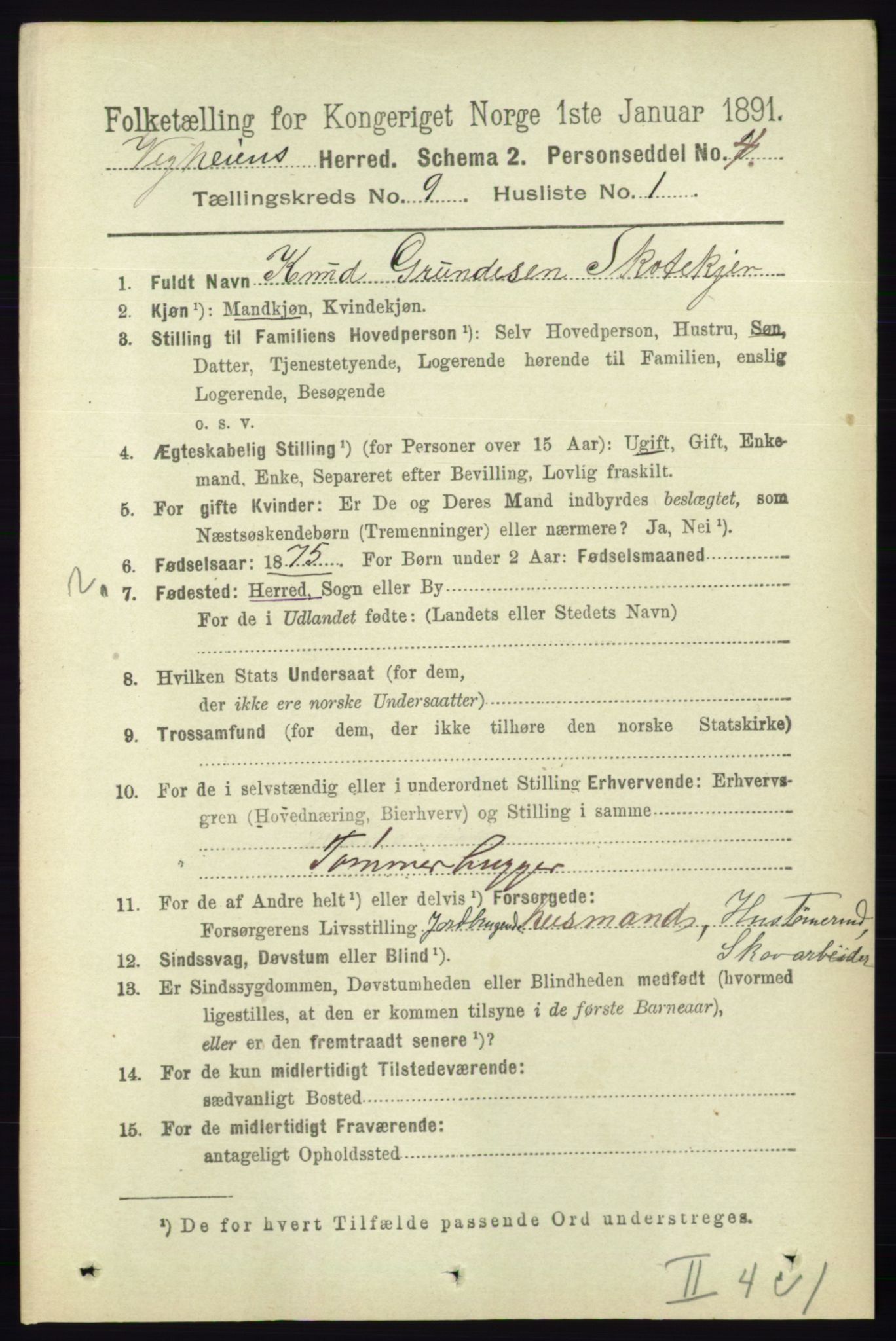 RA, 1891 census for 0912 Vegårshei, 1891, p. 1737