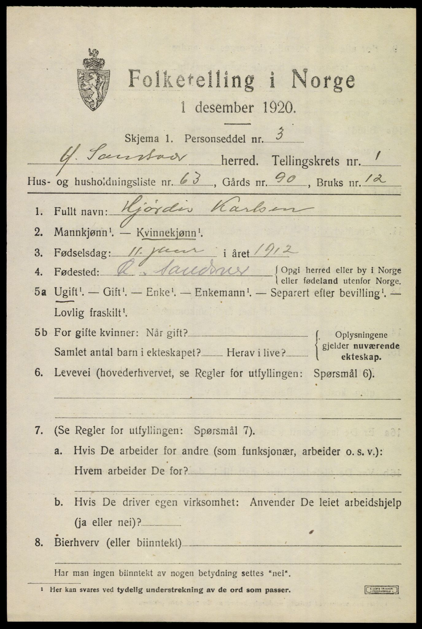 SAKO, 1920 census for Øvre Sandsvær, 1920, p. 1588