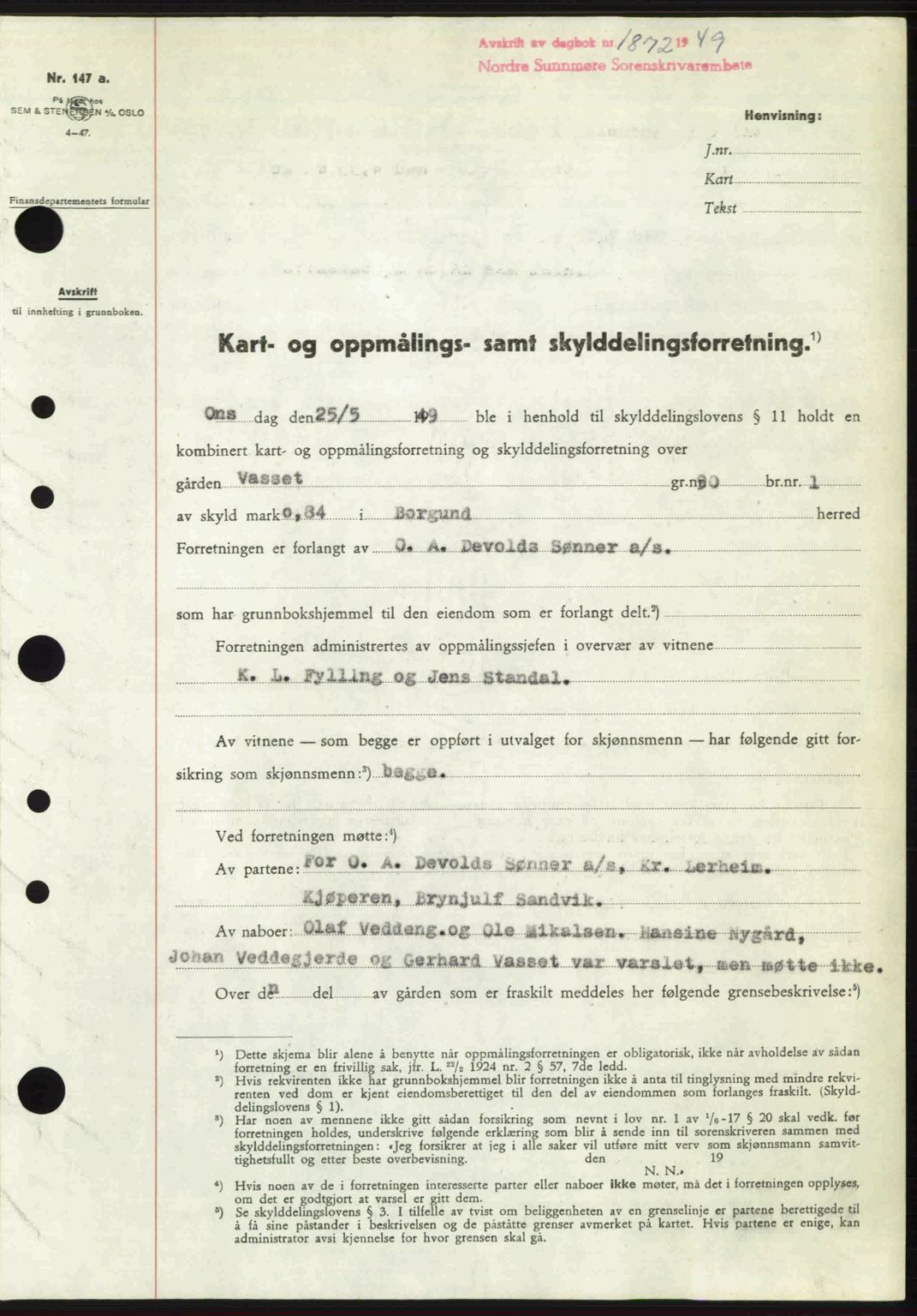 Nordre Sunnmøre sorenskriveri, AV/SAT-A-0006/1/2/2C/2Ca: Mortgage book no. A32, 1949-1949, Diary no: : 1872/1949