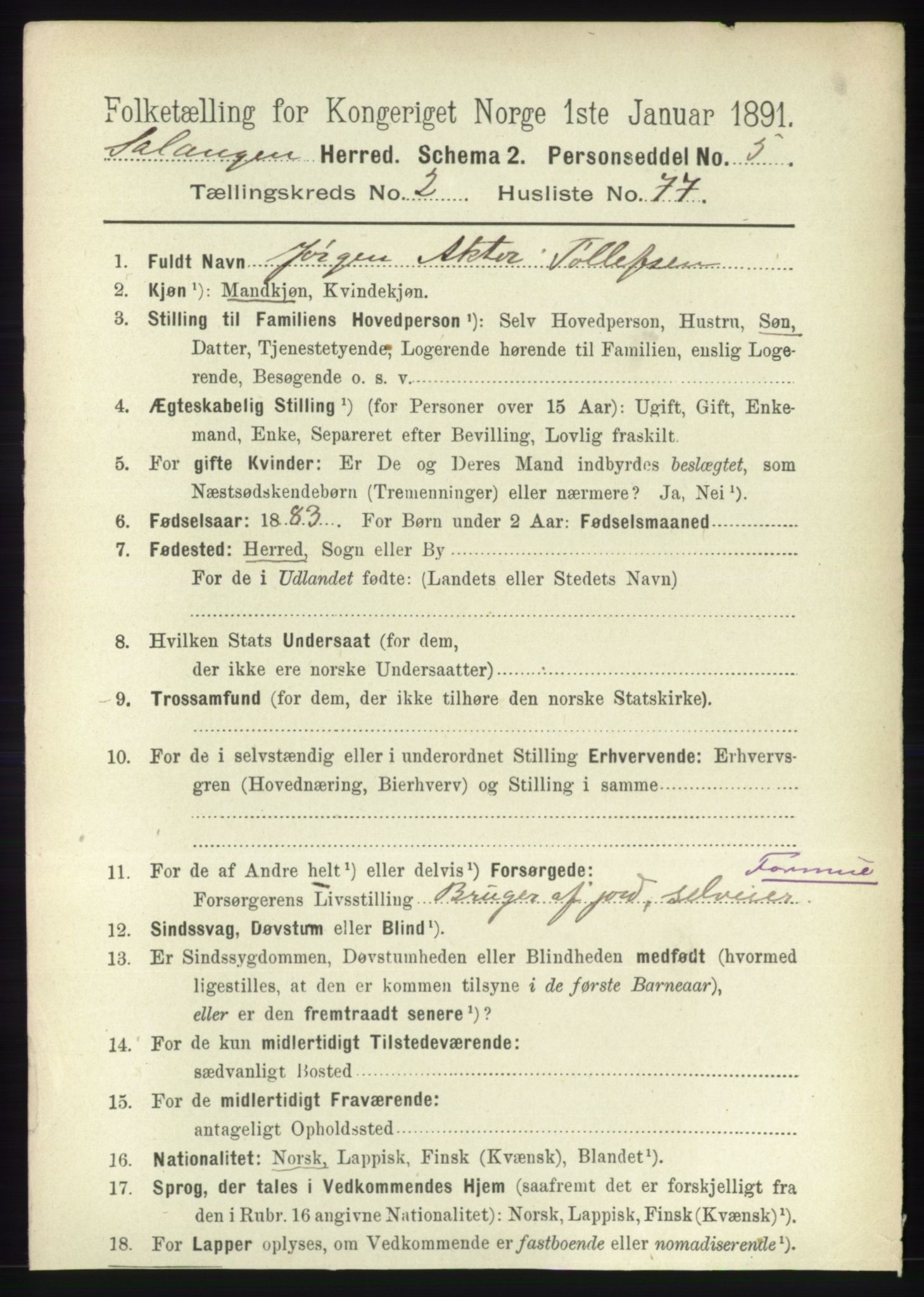 RA, 1891 census for 1921 Salangen, 1891, p. 1145