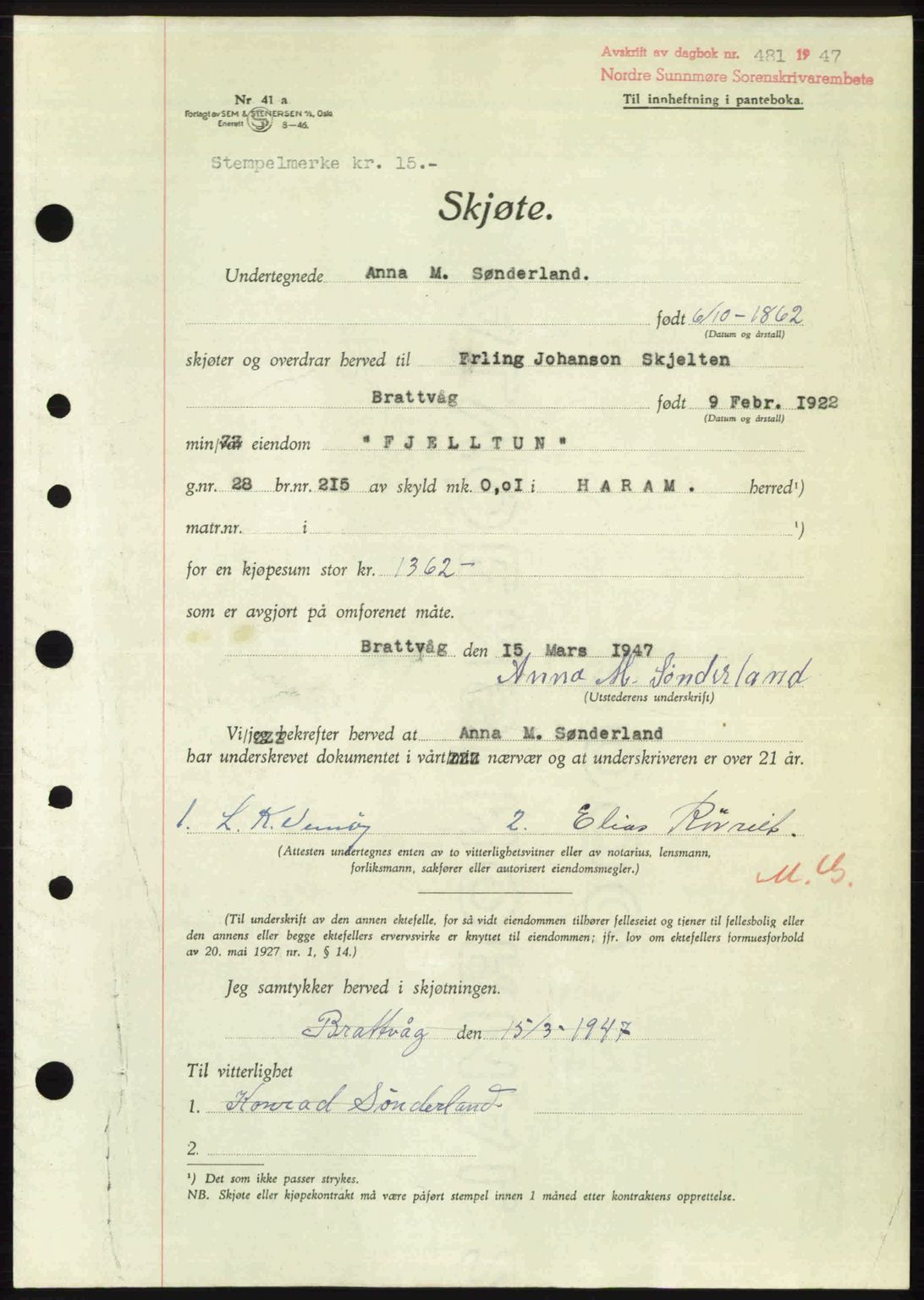 Nordre Sunnmøre sorenskriveri, AV/SAT-A-0006/1/2/2C/2Ca: Mortgage book no. A24, 1947-1947, Diary no: : 481/1947