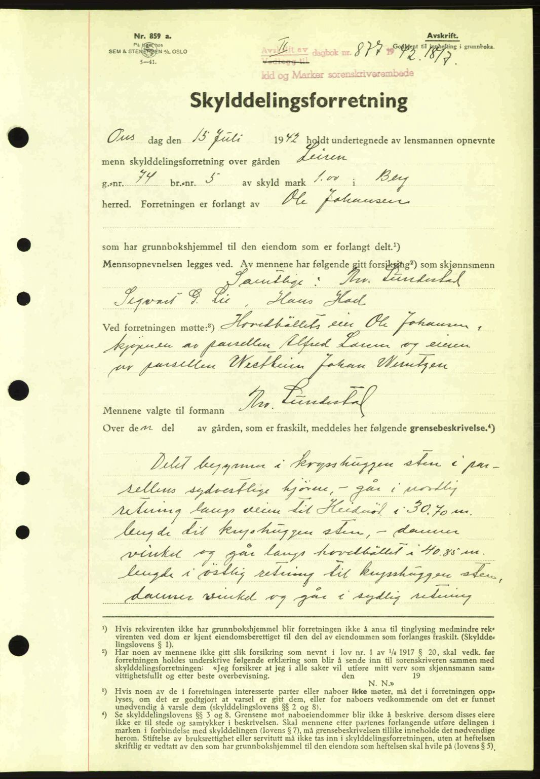 Idd og Marker sorenskriveri, AV/SAO-A-10283/G/Gb/Gbb/L0005: Mortgage book no. A5, 1941-1943, Diary no: : 877/1942