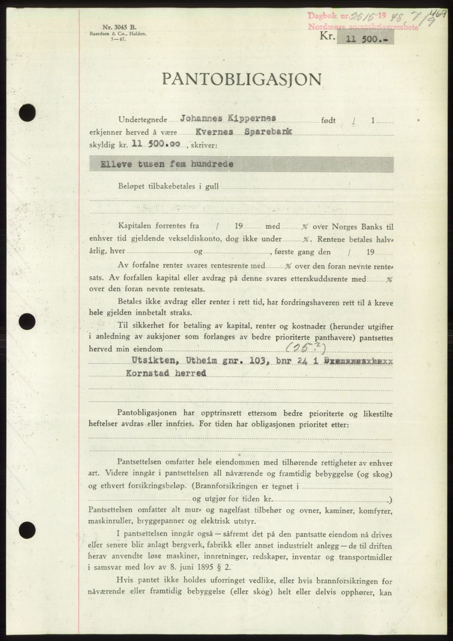 Nordmøre sorenskriveri, AV/SAT-A-4132/1/2/2Ca: Mortgage book no. B99, 1948-1948, Diary no: : 2515/1948