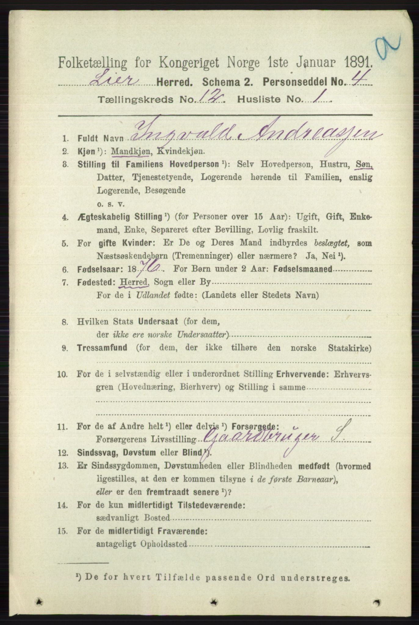 RA, 1891 census for 0626 Lier, 1891, p. 7366