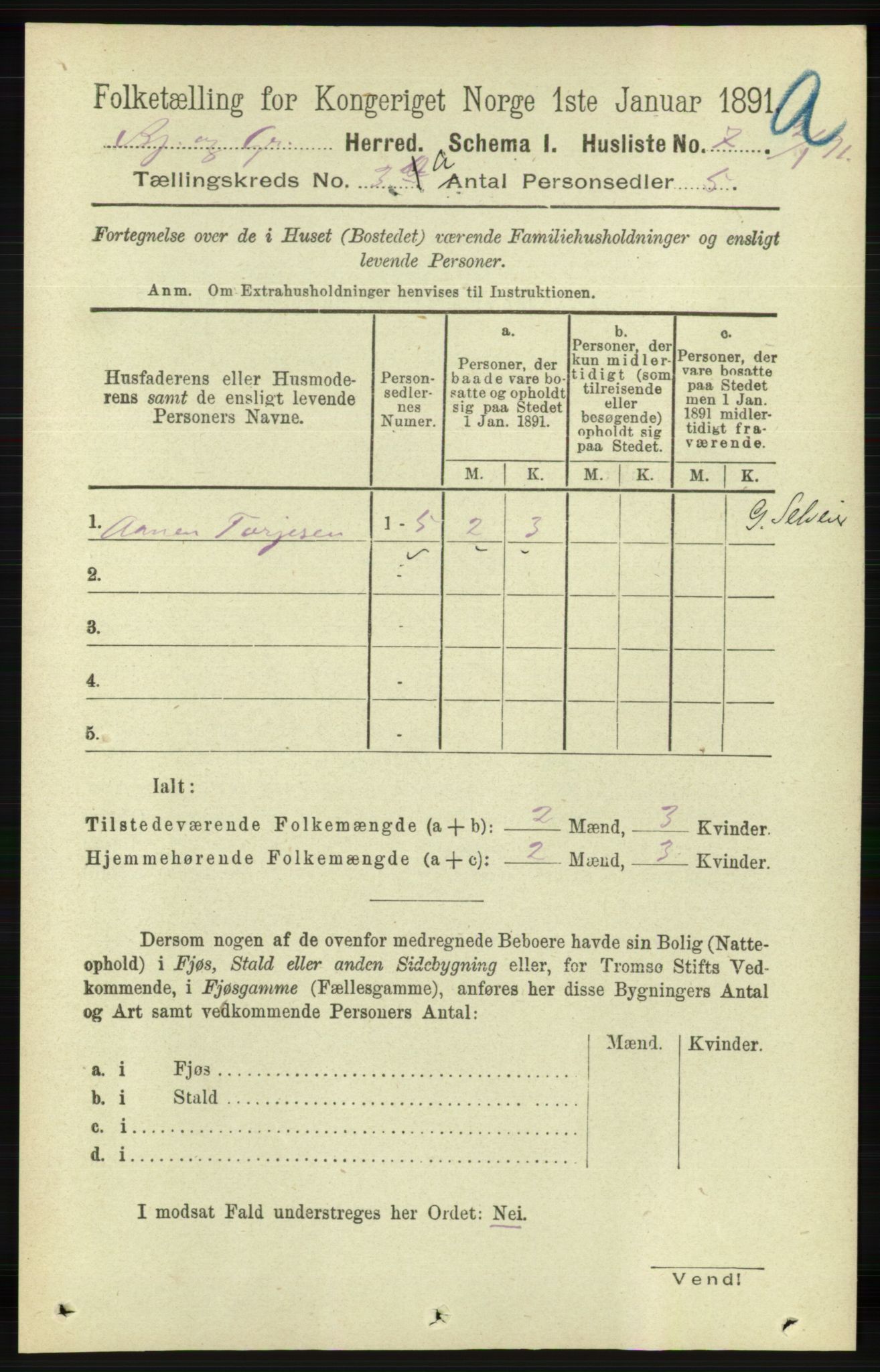 RA, 1891 census for 1024 Bjelland og Grindheim, 1891, p. 1412