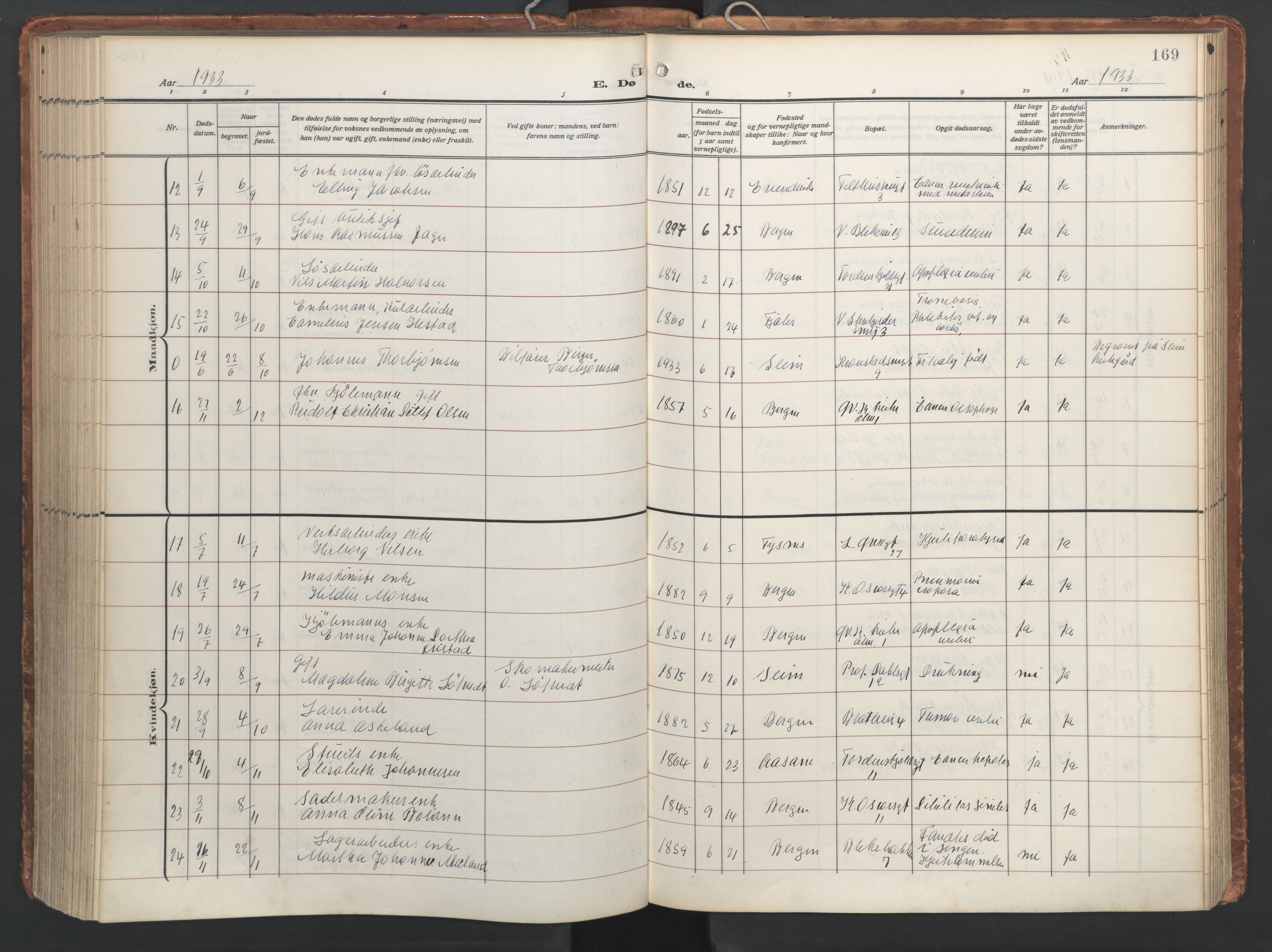 Korskirken sokneprestembete, AV/SAB-A-76101/H/Hab: Parish register (copy) no. E 5, 1910-1956, p. 168b-169a