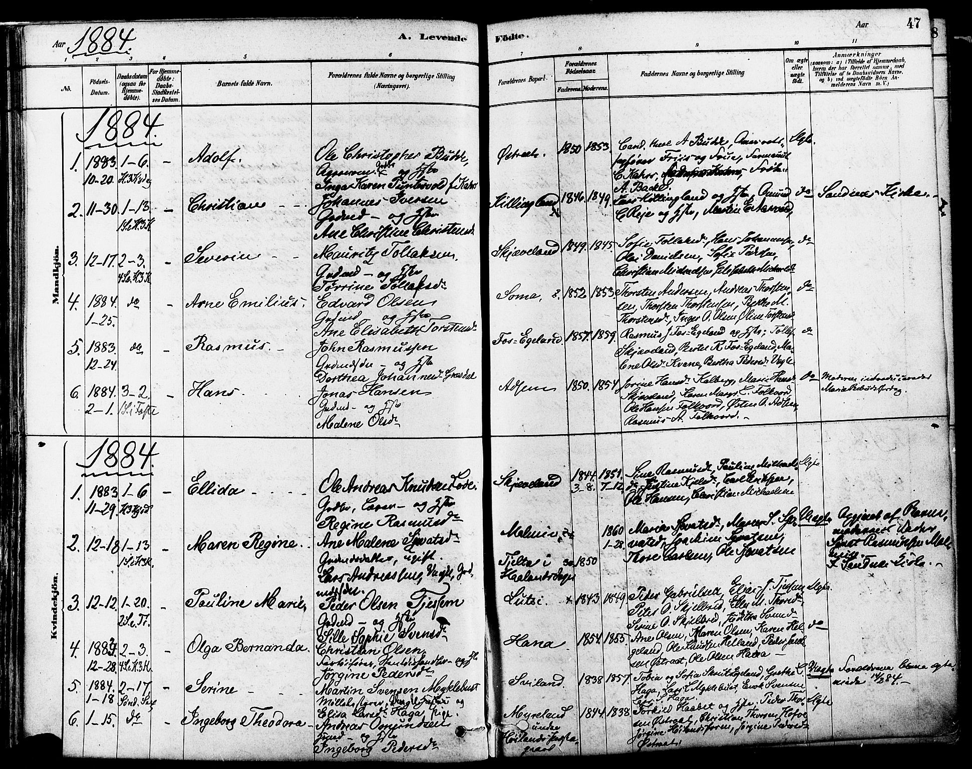 Høyland sokneprestkontor, AV/SAST-A-101799/001/30BA/L0011: Parish register (official) no. A 10, 1878-1888, p. 47