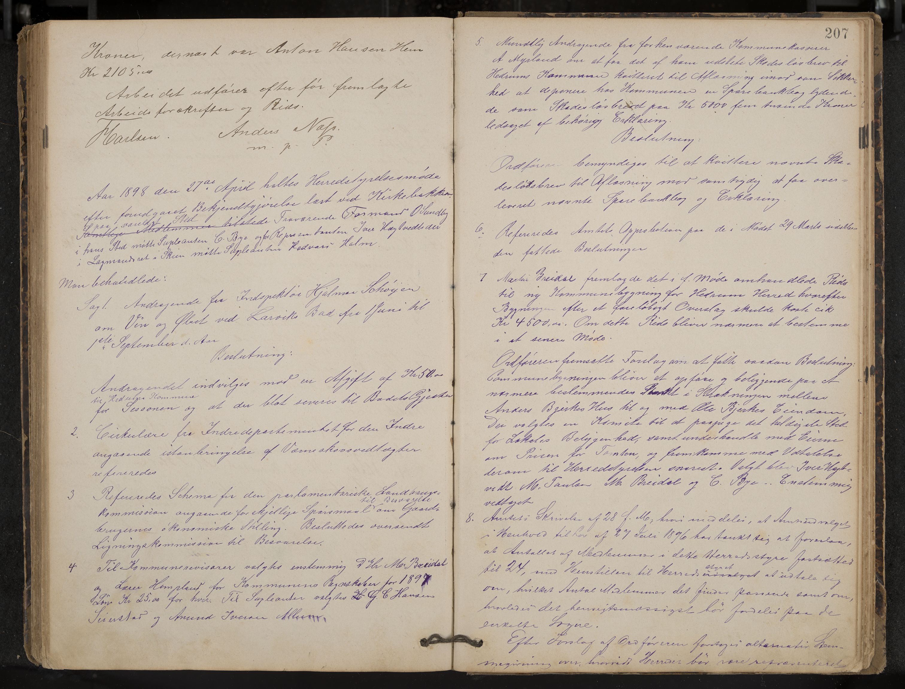 Hedrum formannskap og sentraladministrasjon, IKAK/0727021/A/Aa/L0004: Møtebok, 1888-1899, p. 207