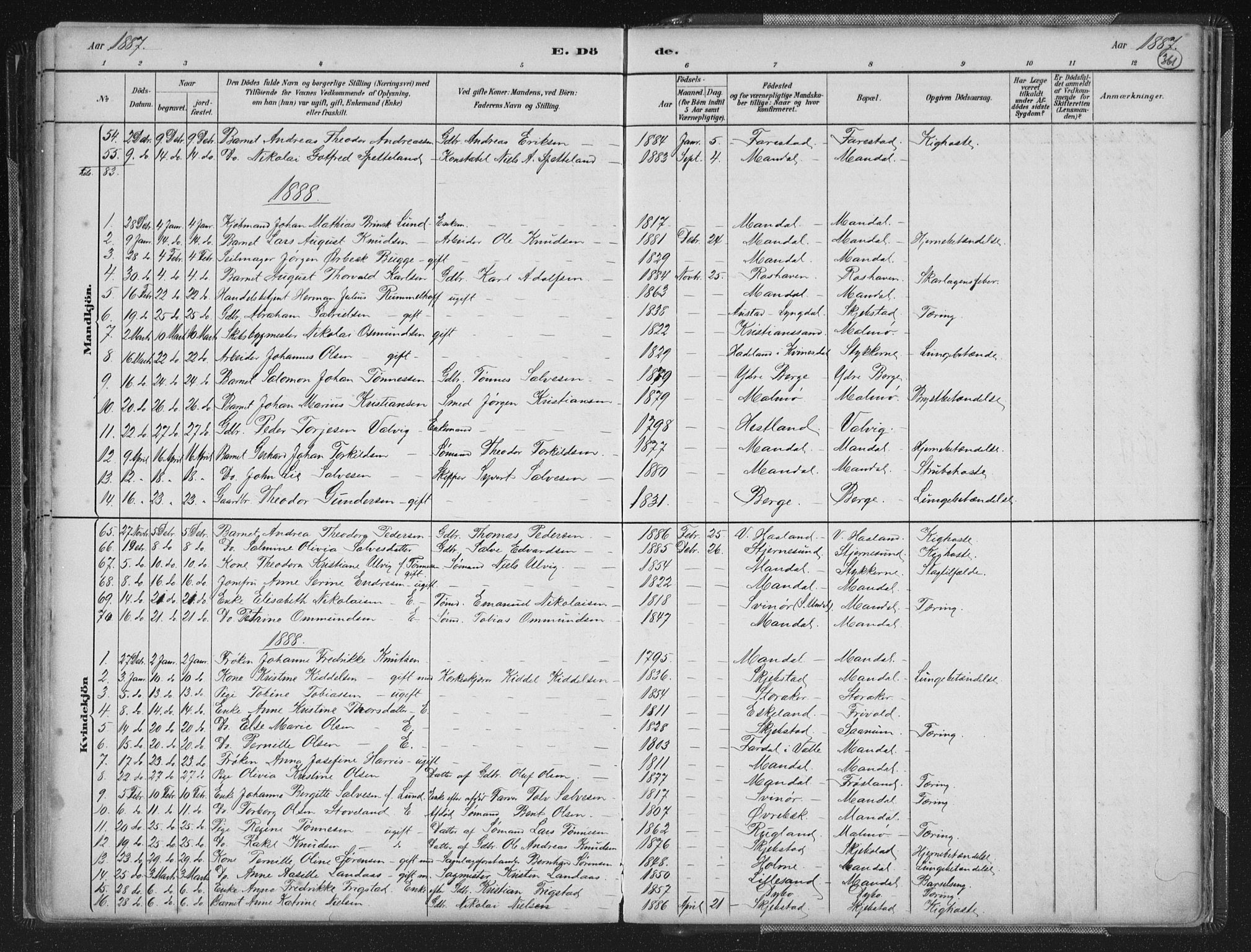 Mandal sokneprestkontor, AV/SAK-1111-0030/F/Fb/Fba/L0011: Parish register (copy) no. B 5, 1880-1898, p. 361