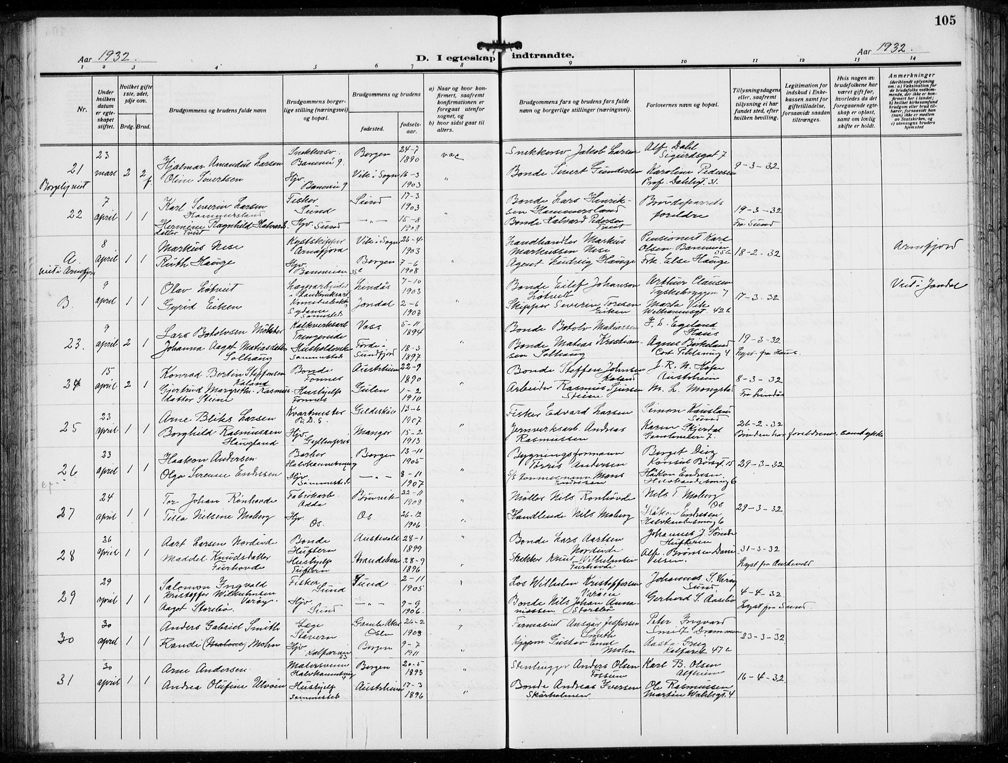 Domkirken sokneprestembete, AV/SAB-A-74801/H/Hab/L0034: Parish register (copy) no. D 6, 1924-1941, p. 105