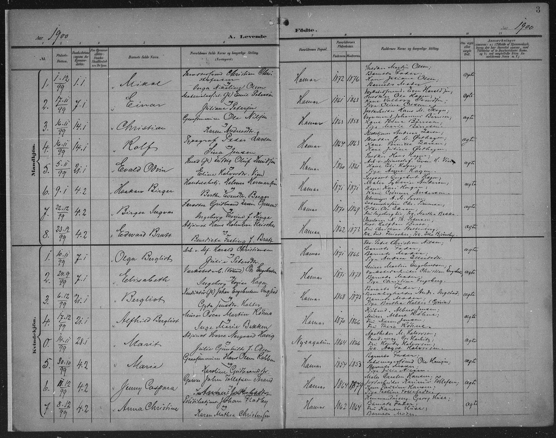 Hamar prestekontor, AV/SAH-DOMPH-002/H/Ha/Haa/L0001: Parish register (official) no. 1, 1900-1914, p. 3