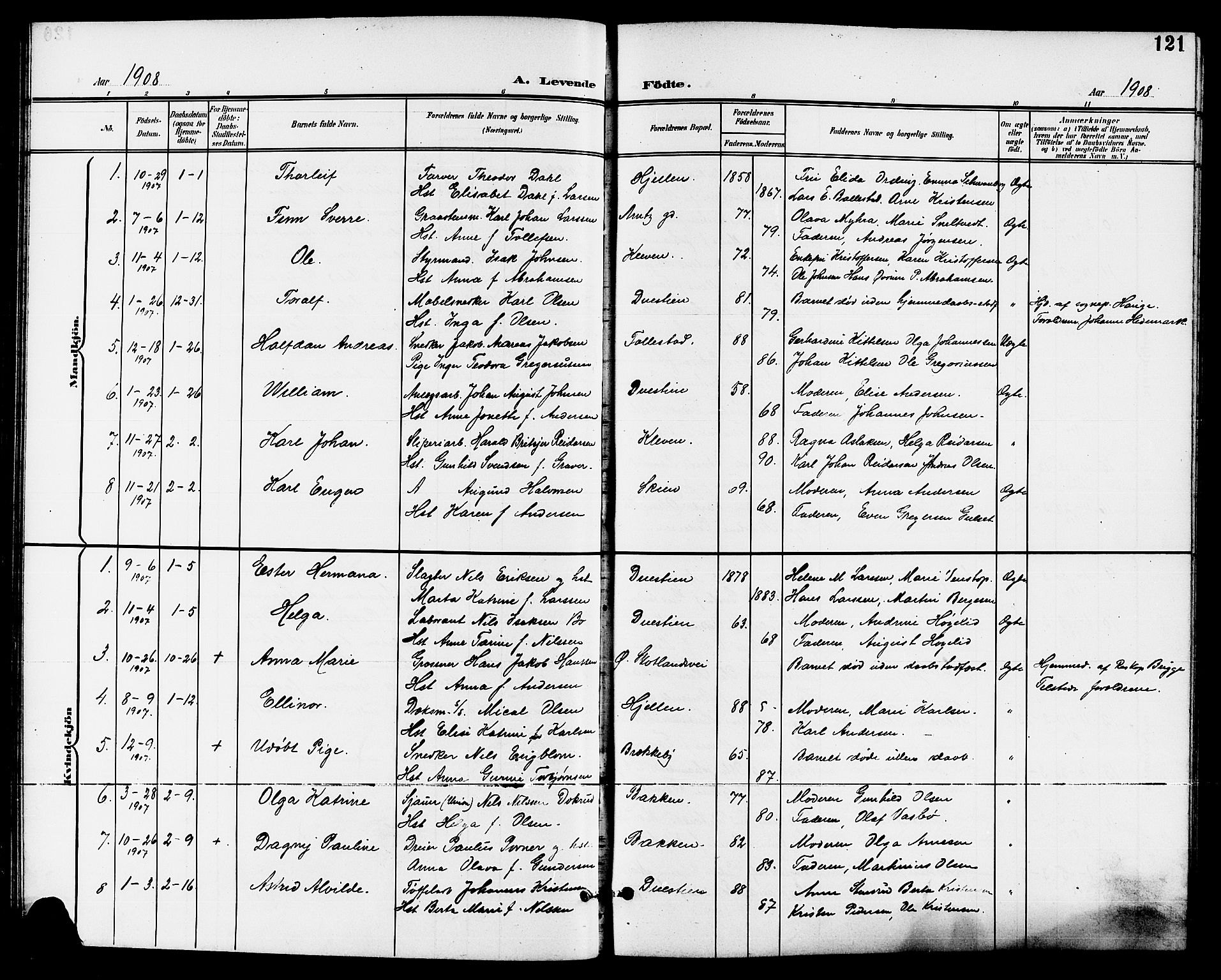 Skien kirkebøker, SAKO/A-302/G/Ga/L0008: Parish register (copy) no. 8, 1900-1910, p. 121