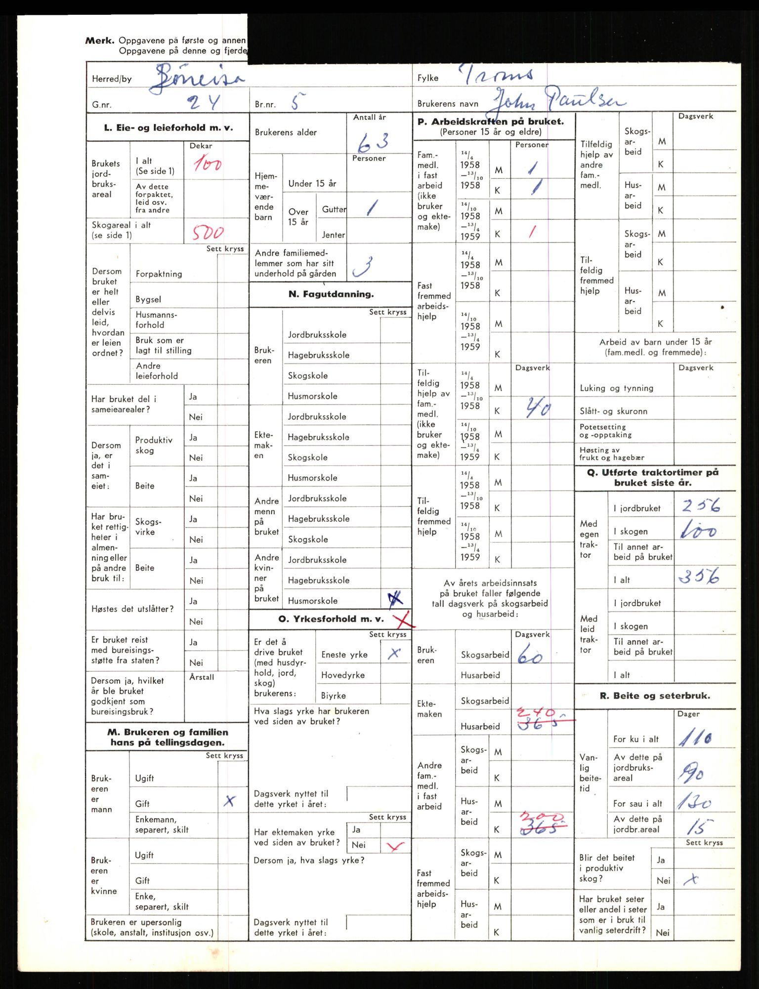 Statistisk sentralbyrå, Næringsøkonomiske emner, Jordbruk, skogbruk, jakt, fiske og fangst, AV/RA-S-2234/G/Gd/L0656: Troms: 1924 Målselv (kl. 0-3) og 1925 Sørreisa, 1959, p. 2120