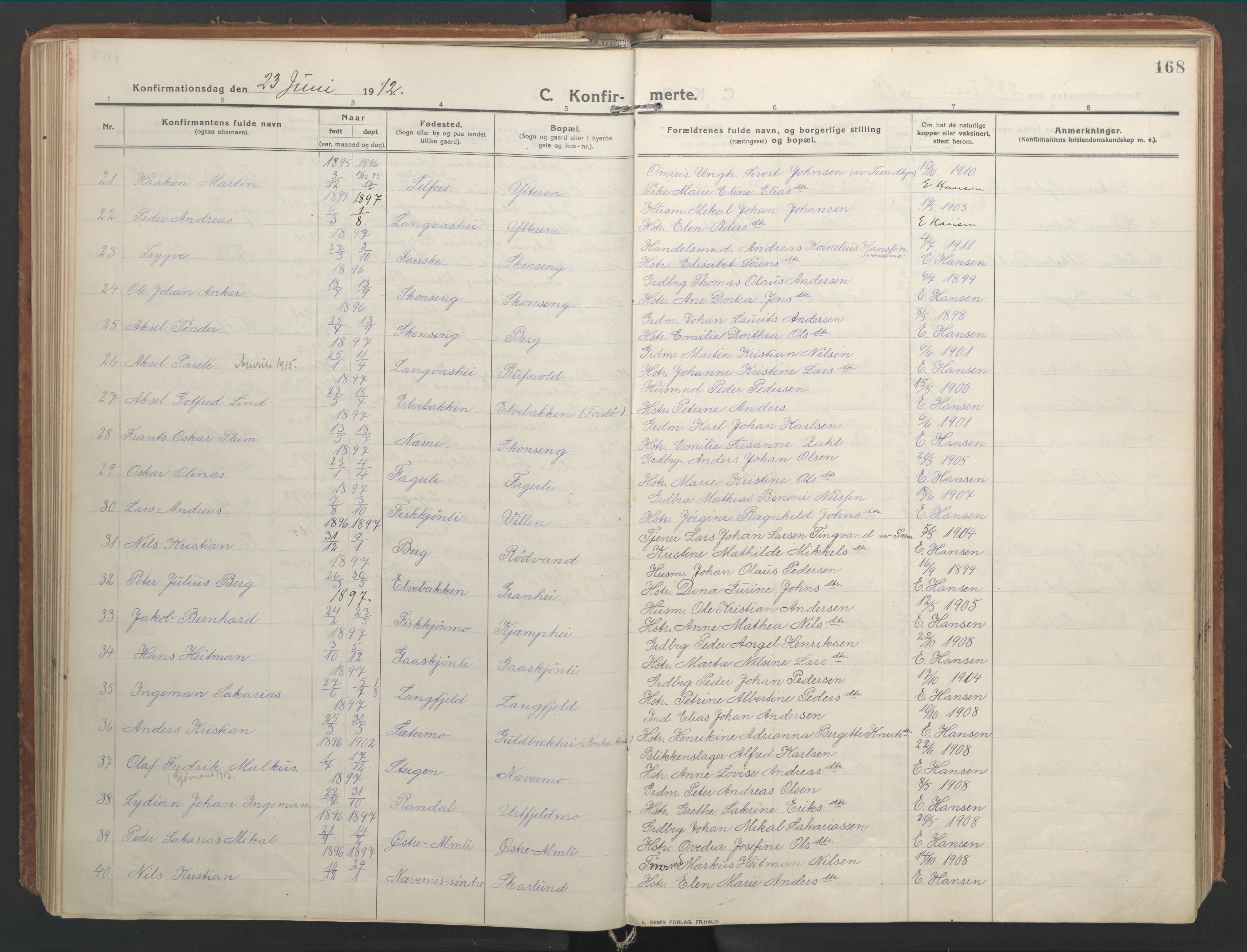 Ministerialprotokoller, klokkerbøker og fødselsregistre - Nordland, SAT/A-1459/827/L0404: Parish register (official) no. 827A16, 1912-1925, p. 168