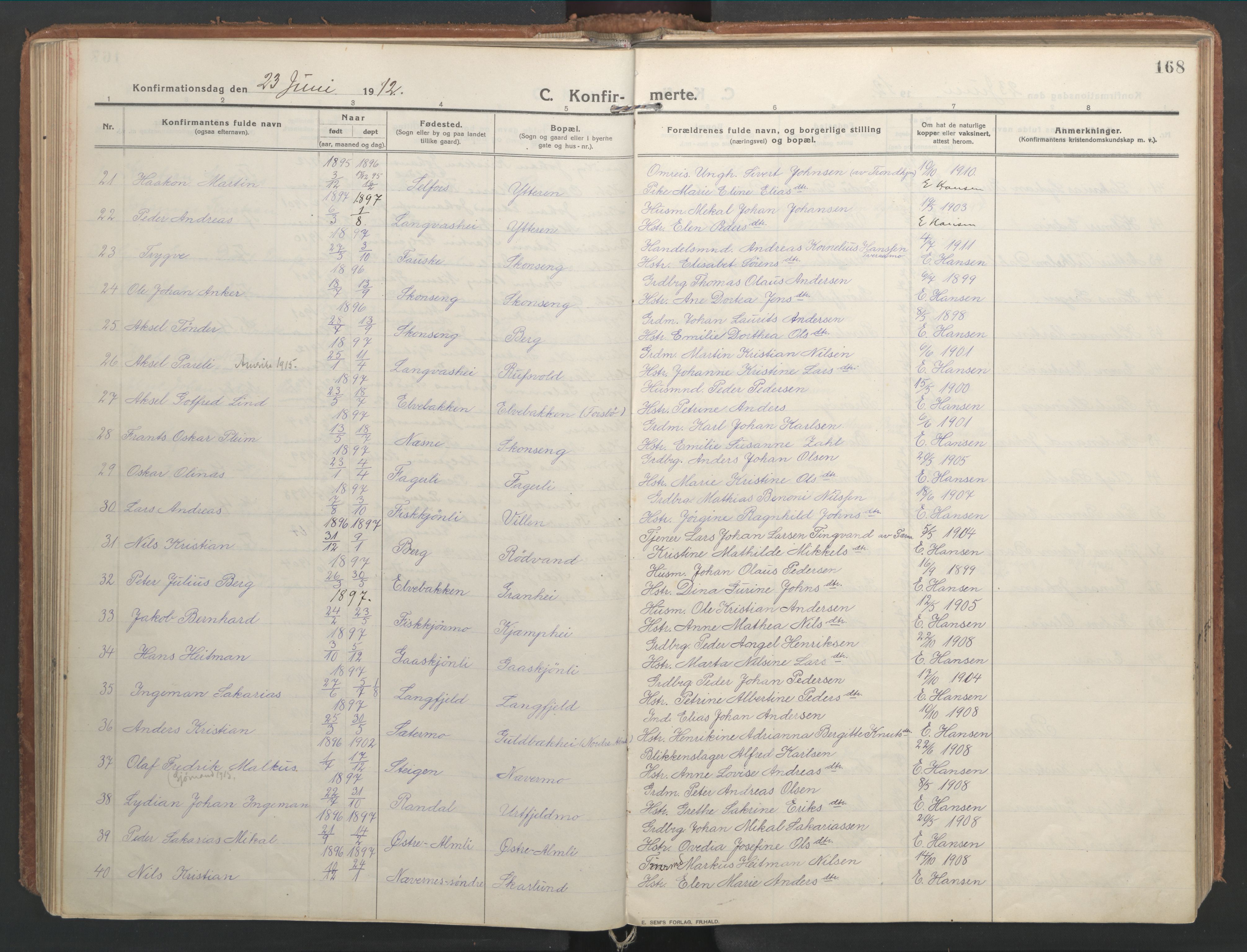 Ministerialprotokoller, klokkerbøker og fødselsregistre - Nordland, AV/SAT-A-1459/827/L0404: Parish register (official) no. 827A16, 1912-1925, p. 168