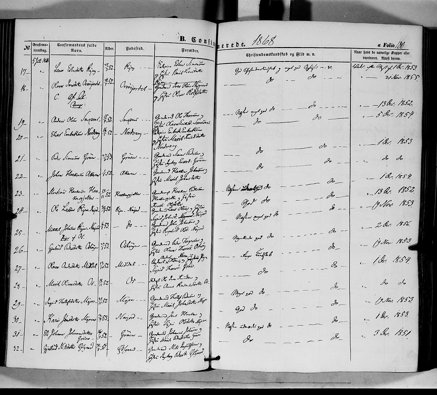 Tolga prestekontor, AV/SAH-PREST-062/K/L0006: Parish register (official) no. 6, 1852-1876, p. 180