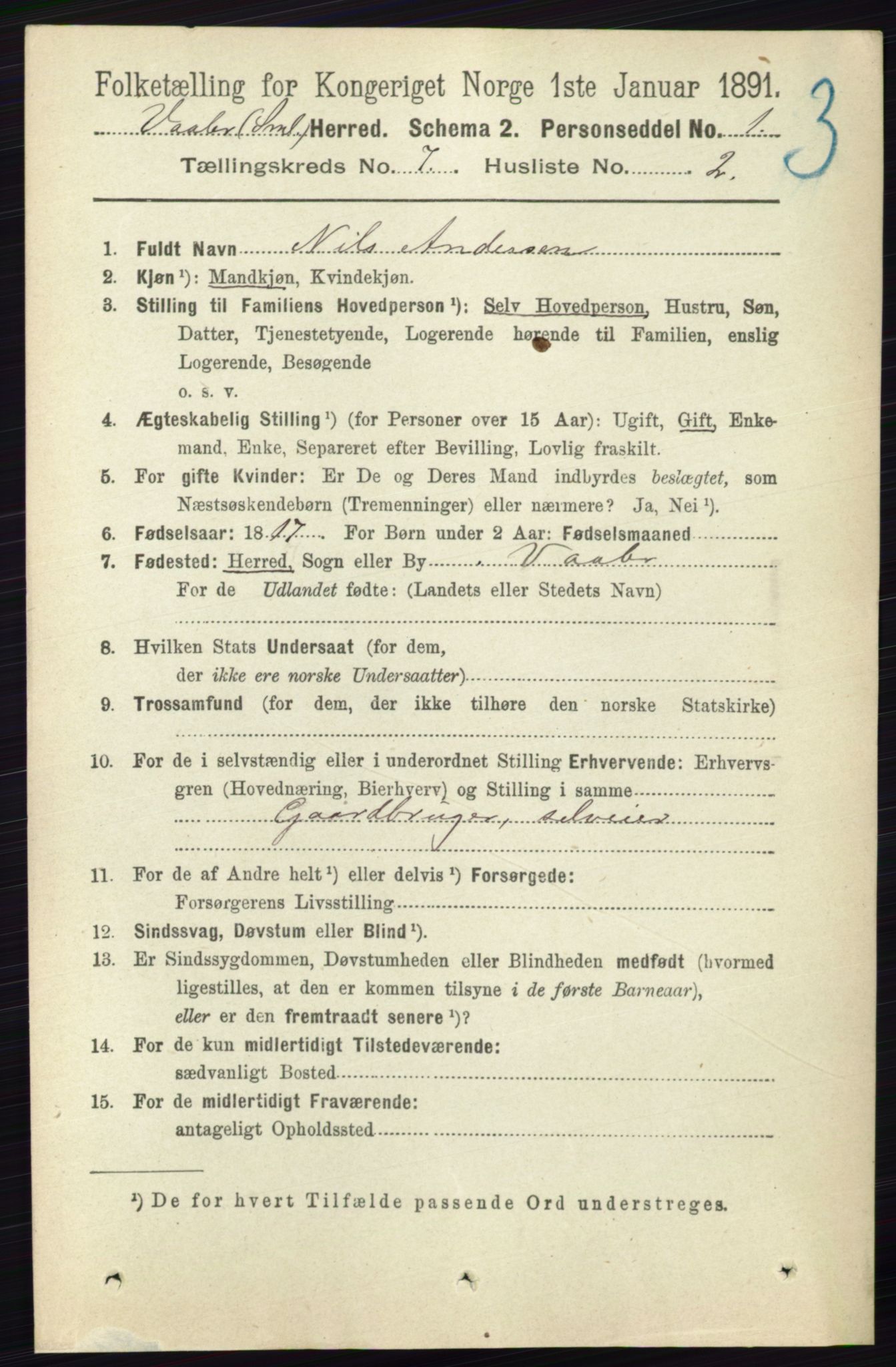 RA, 1891 census for 0137 Våler, 1891, p. 2849