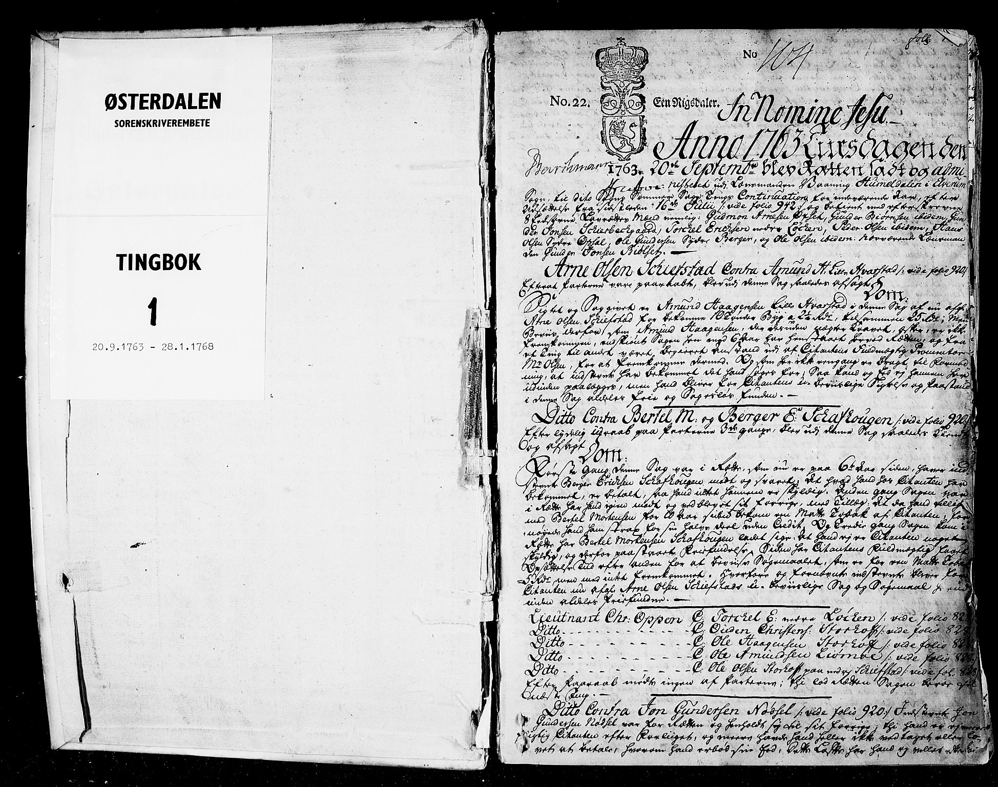 Østerdalen sorenskriveri, SAH/TING-032/G/Gb/L0001: Tingbok, 1763-1768, p. 0b-1a