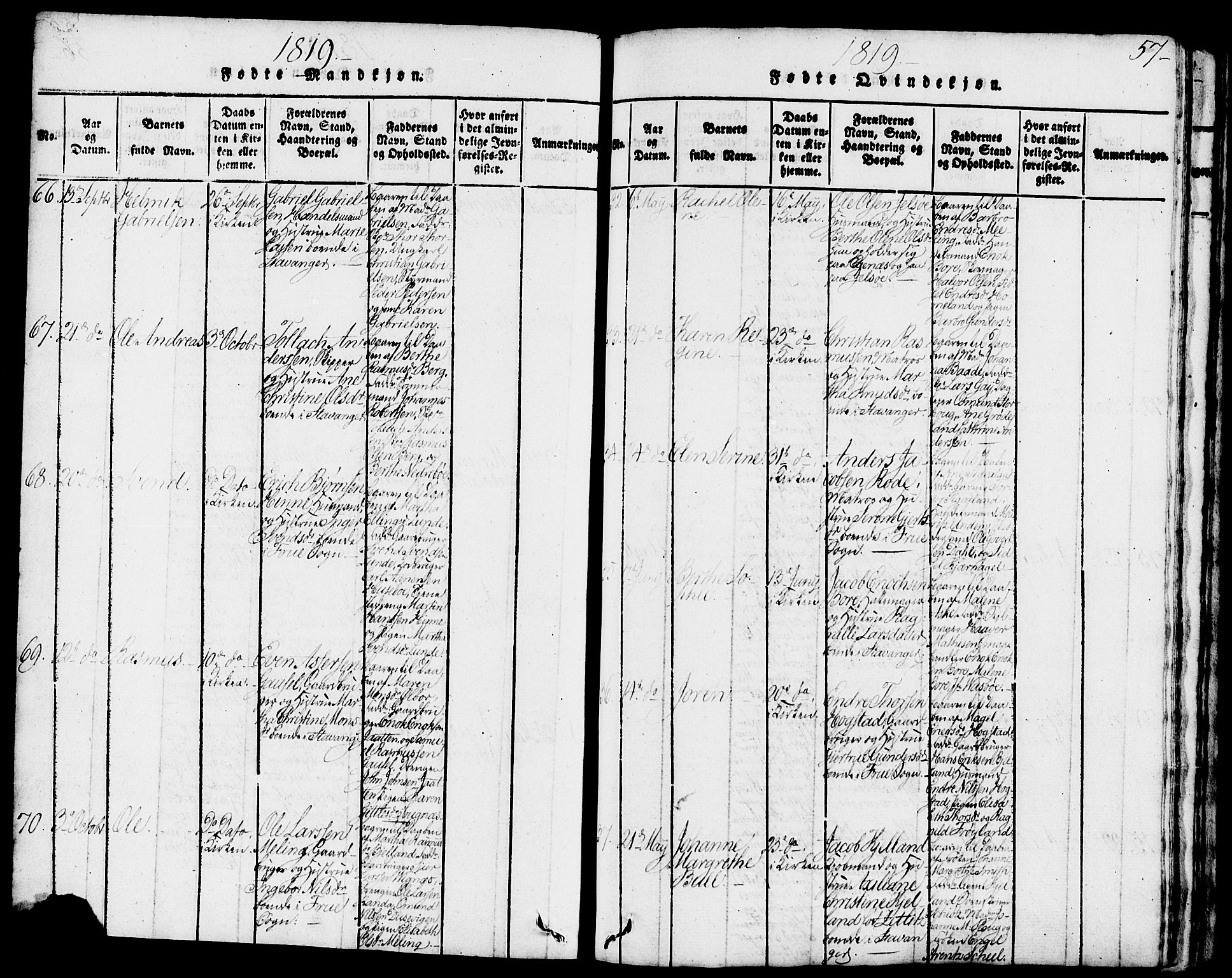 Domkirken sokneprestkontor, AV/SAST-A-101812/001/30/30BB/L0008: Parish register (copy) no. B 8, 1816-1821, p. 57