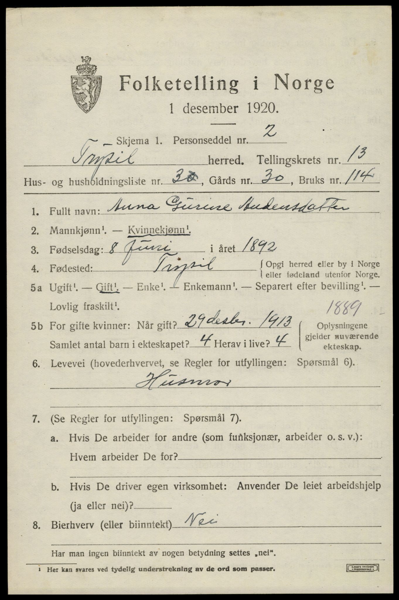 SAH, 1920 census for Trysil, 1920, p. 7647