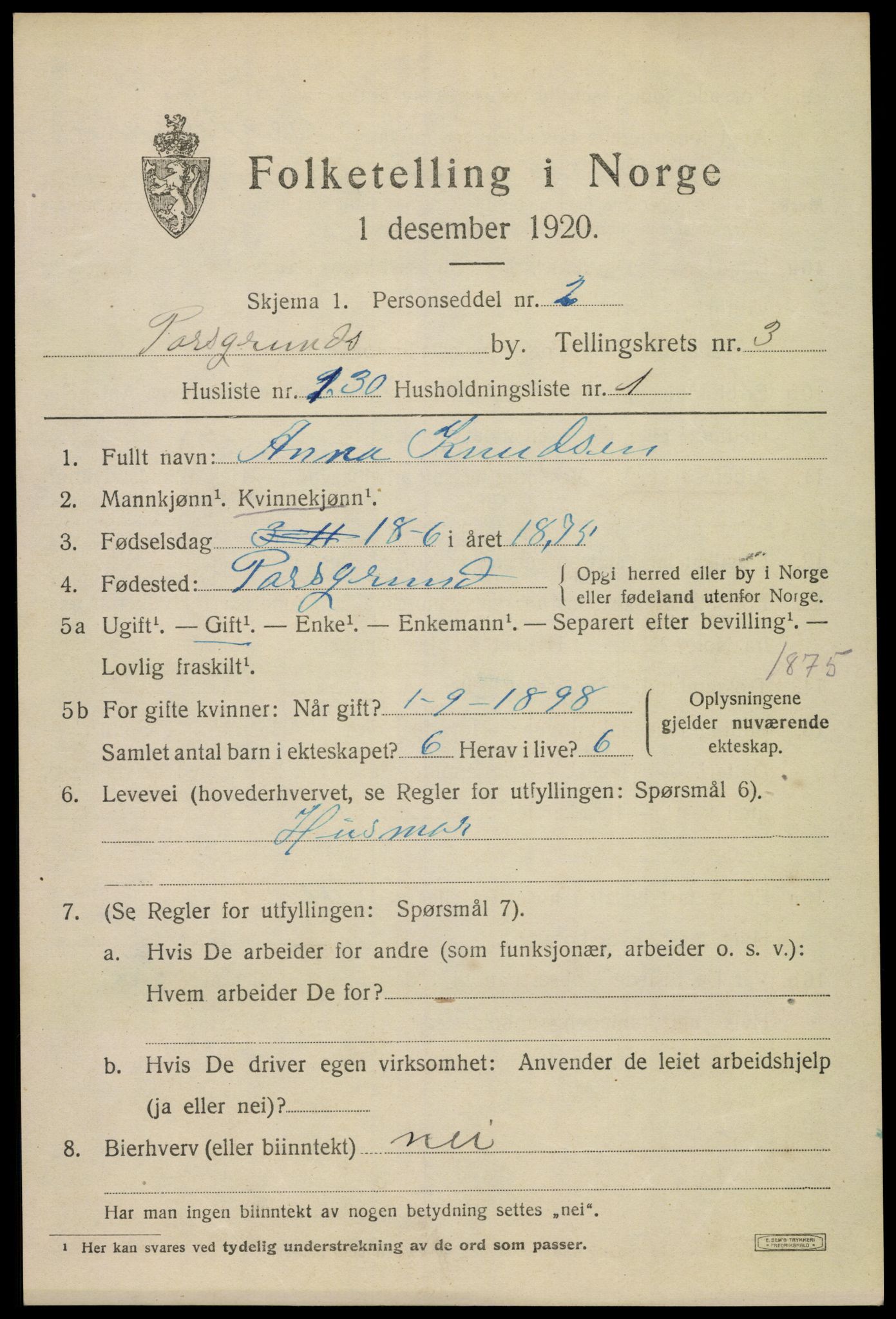 SAKO, 1920 census for Porsgrunn, 1920, p. 17333