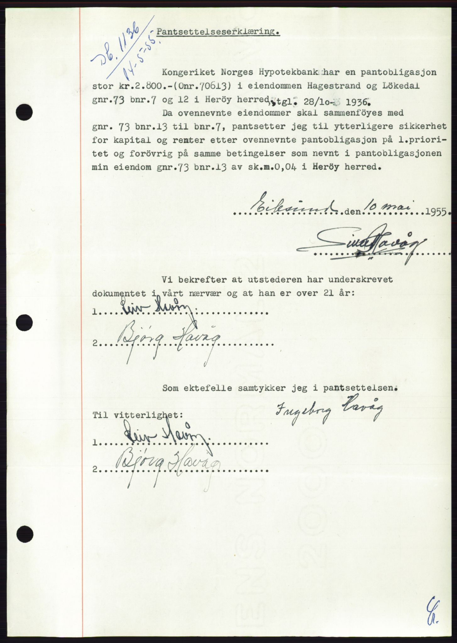 Søre Sunnmøre sorenskriveri, AV/SAT-A-4122/1/2/2C/L0126: Mortgage book no. 14B, 1954-1955, Diary no: : 1136/1955