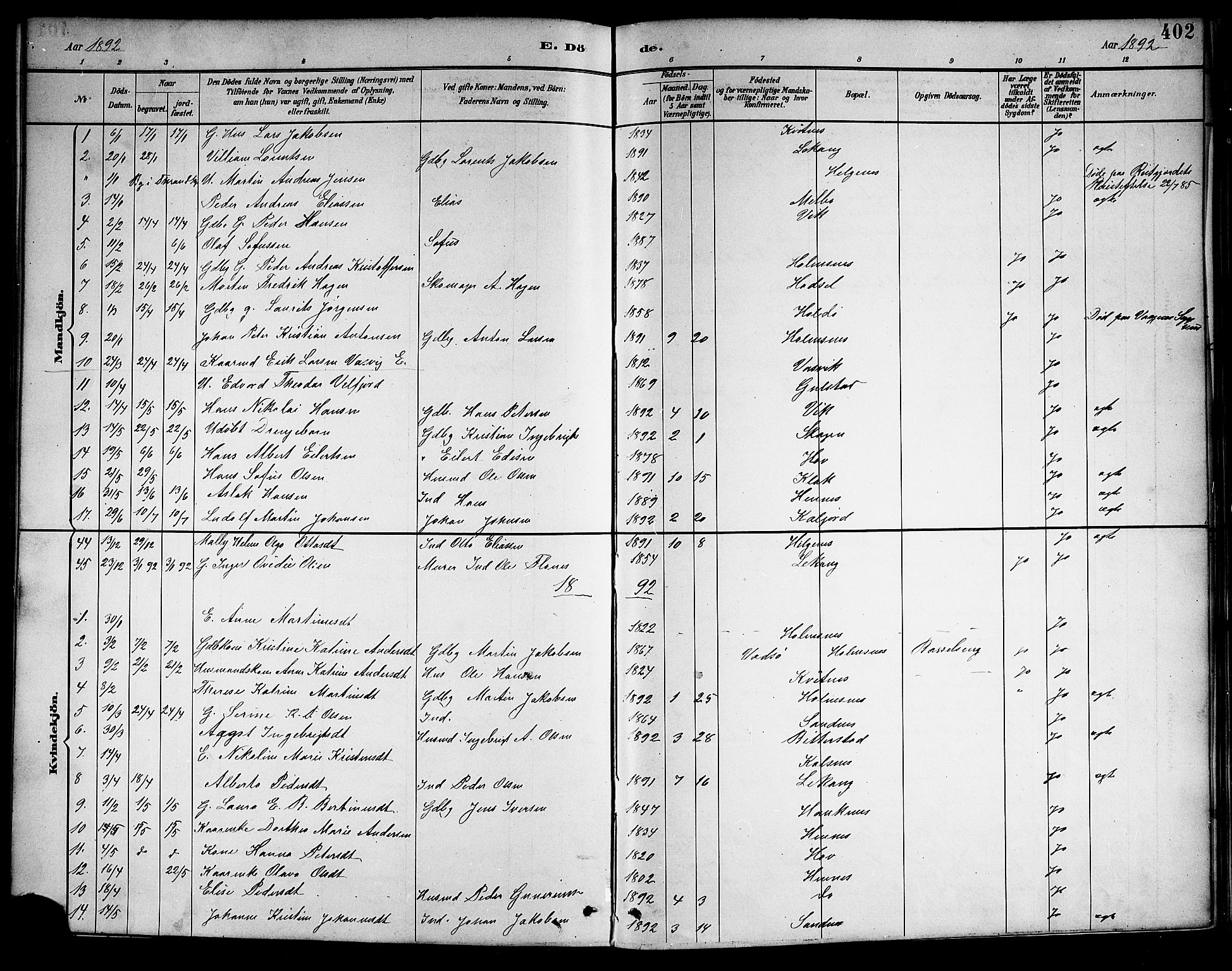 Ministerialprotokoller, klokkerbøker og fødselsregistre - Nordland, AV/SAT-A-1459/888/L1268: Parish register (copy) no. 888C06, 1891-1908, p. 402