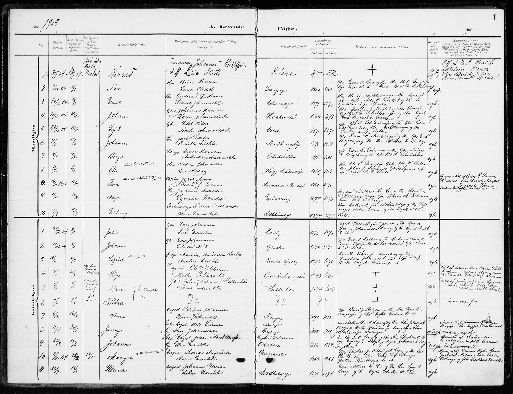 Ringsaker prestekontor, SAH/PREST-014/K/Ka/L0021: Parish register (official) no. 21, 1905-1920, p. 1