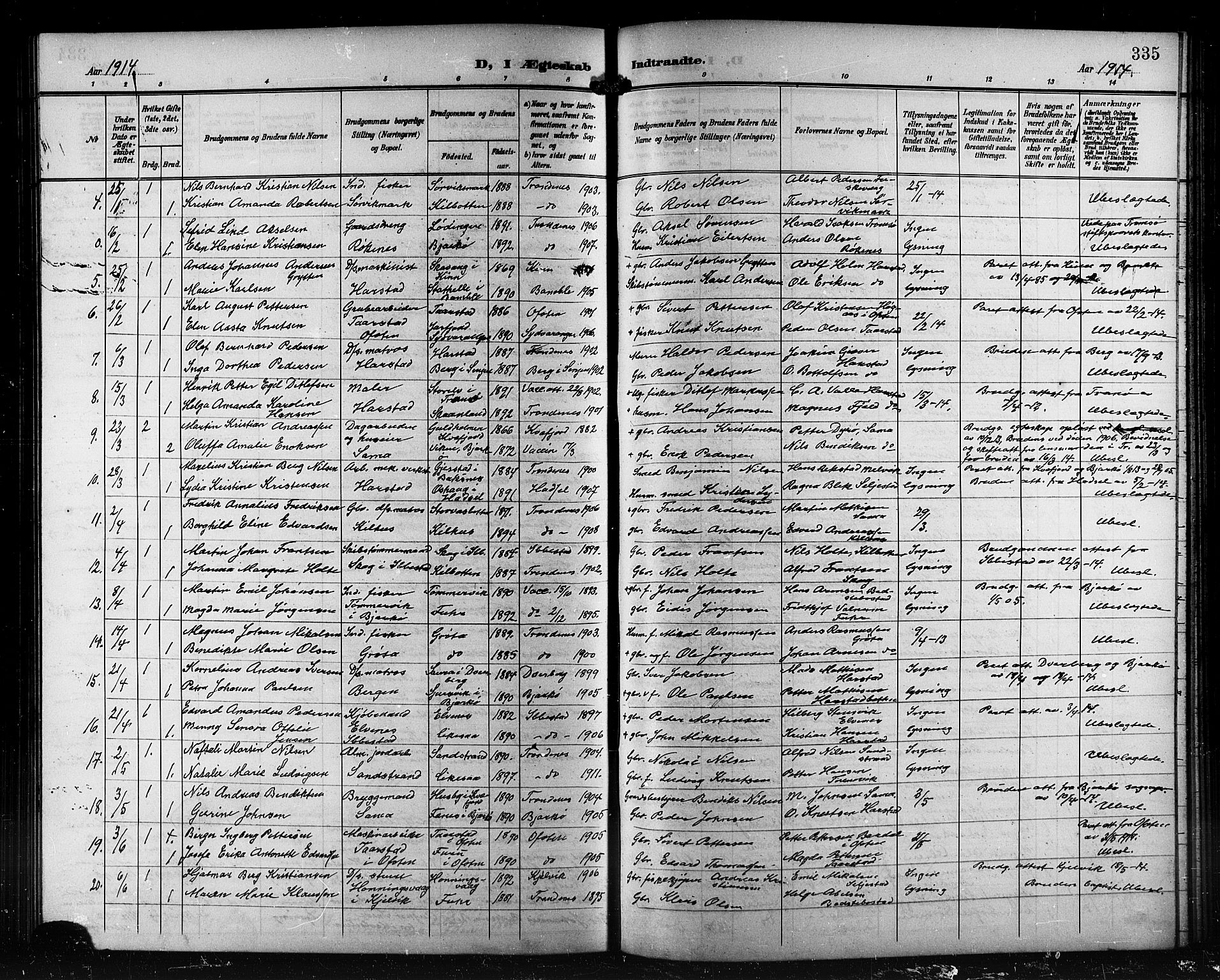 Trondenes sokneprestkontor, AV/SATØ-S-1319/H/Hb/L0012klokker: Parish register (copy) no. 12, 1907-1916, p. 335