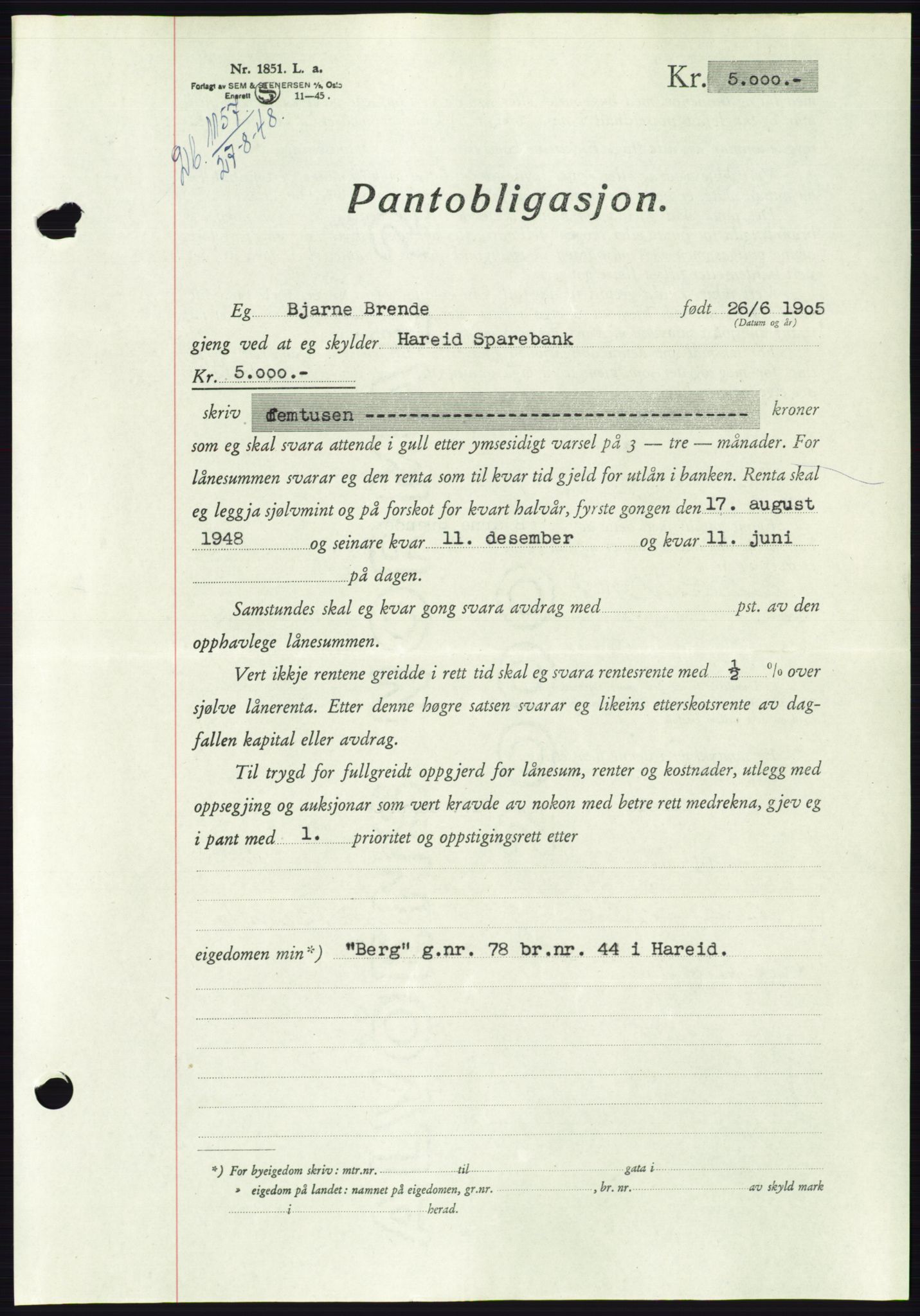 Søre Sunnmøre sorenskriveri, AV/SAT-A-4122/1/2/2C/L0116: Mortgage book no. 4B, 1948-1949, Diary no: : 1157/1948