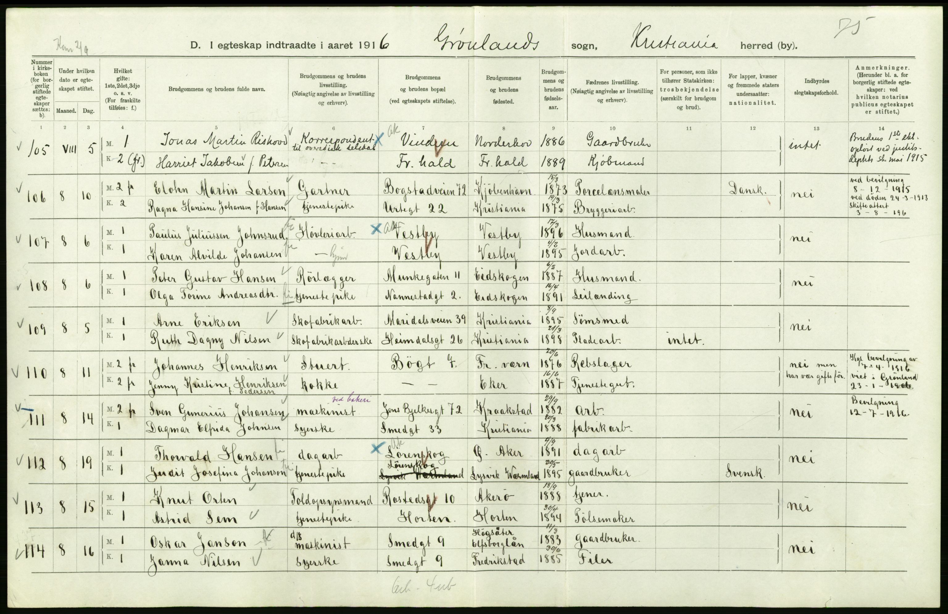 Statistisk sentralbyrå, Sosiodemografiske emner, Befolkning, AV/RA-S-2228/D/Df/Dfb/Dfbf/L0008: Kristiania: Gifte, 1916, p. 566