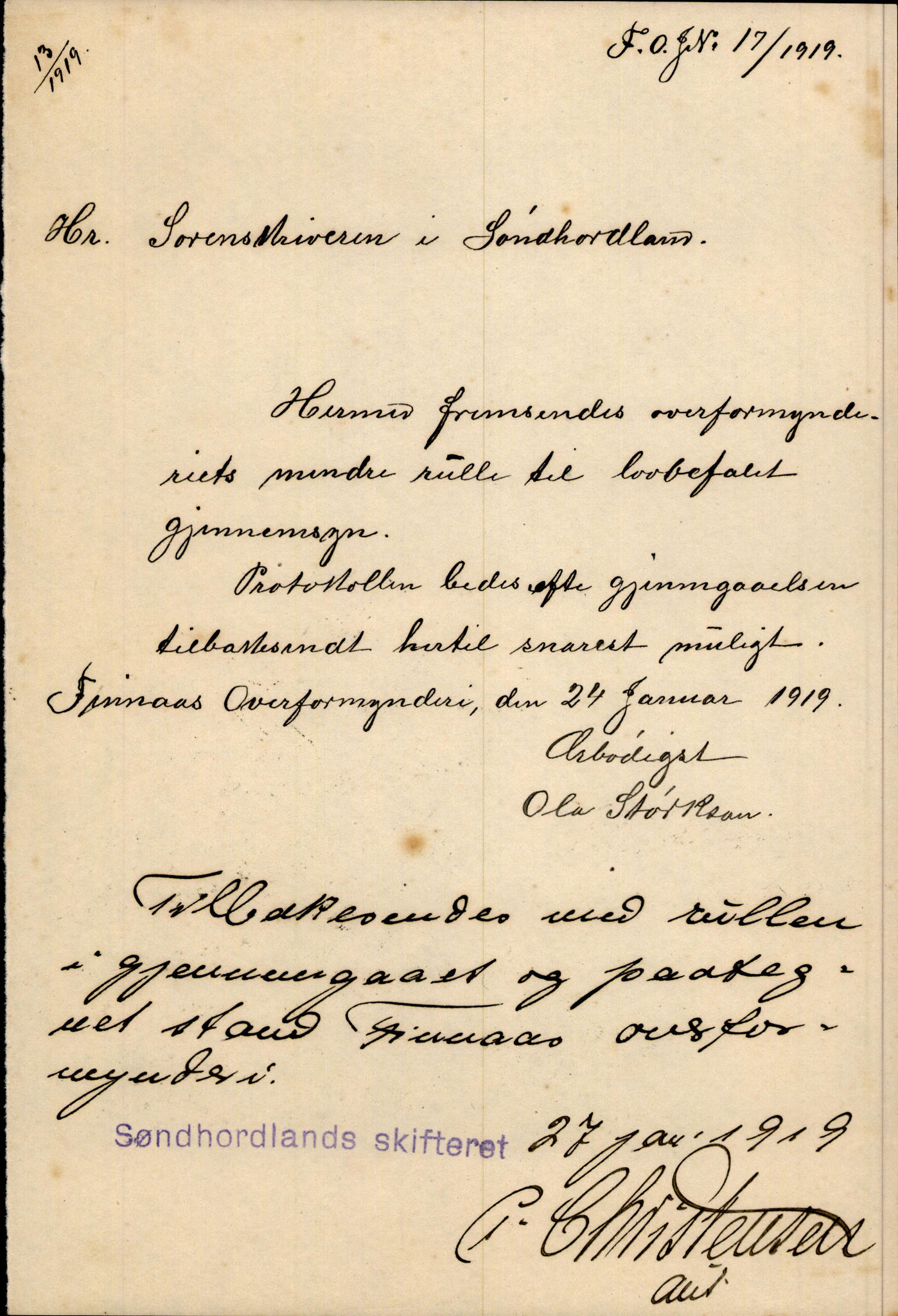 Finnaas kommune. Overformynderiet, IKAH/1218a-812/D/Da/Daa/L0003/0002: Kronologisk ordna korrespondanse / Kronologisk ordna korrespondanse, 1917-1919, p. 109