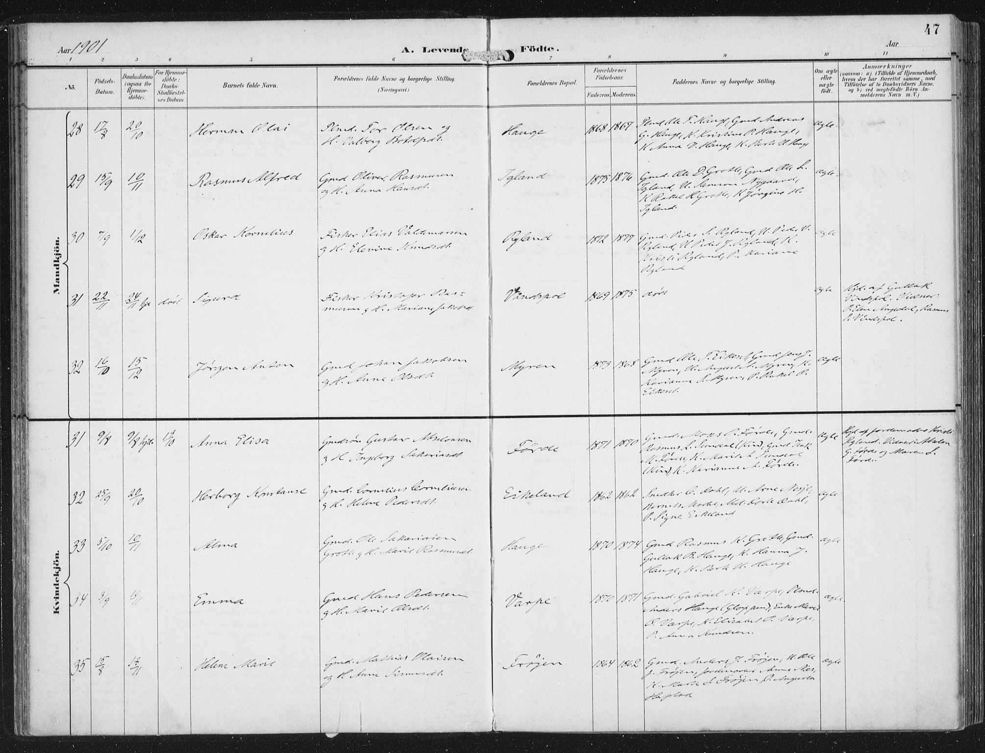 Bremanger sokneprestembete, AV/SAB-A-82201/H/Haa/Haab/L0002: Parish register (official) no. B  2, 1896-1908, p. 47