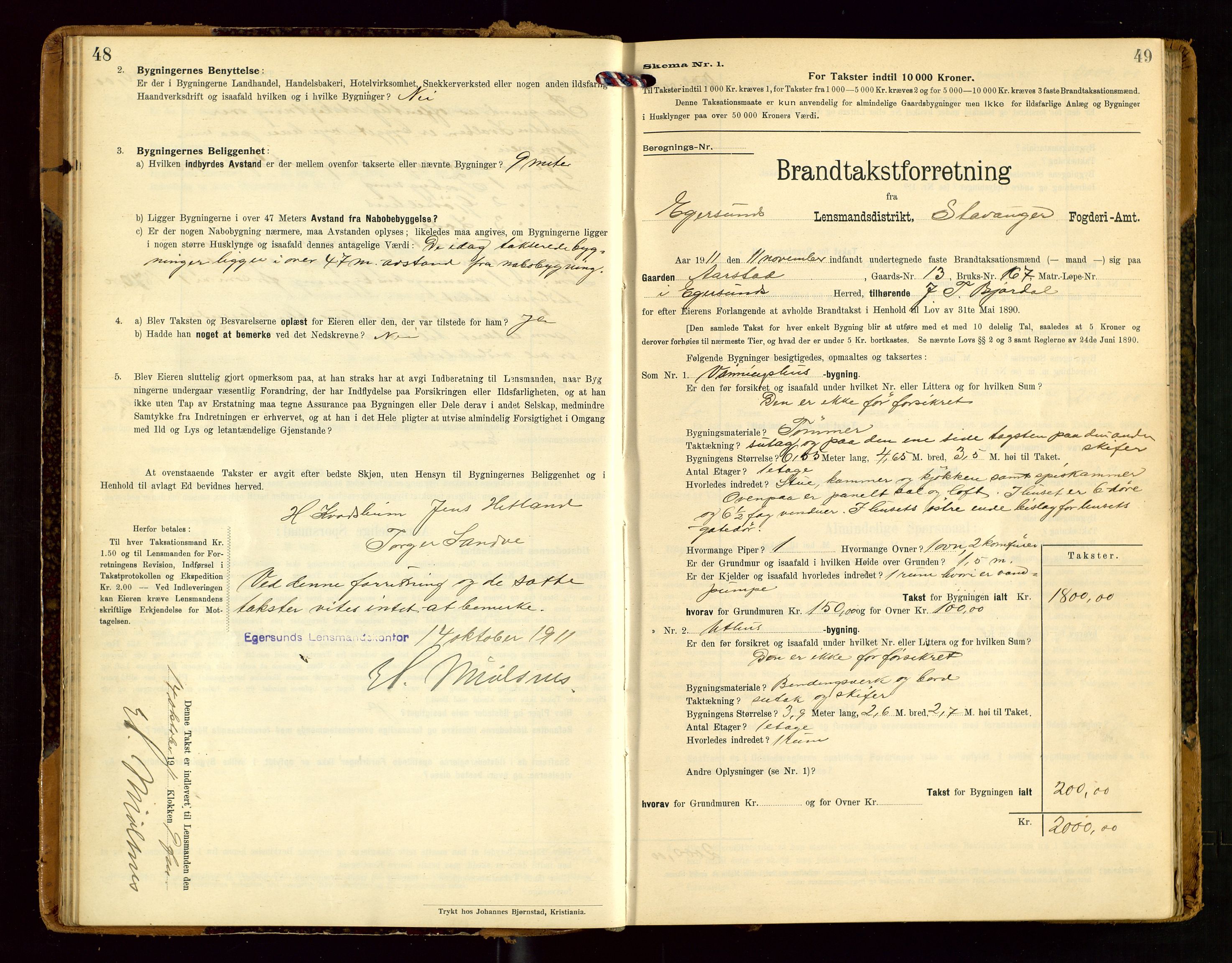 Eigersund lensmannskontor, SAST/A-100171/Gob/L0002: "Brandtakstprotokol", 1910-1916, p. 48-49