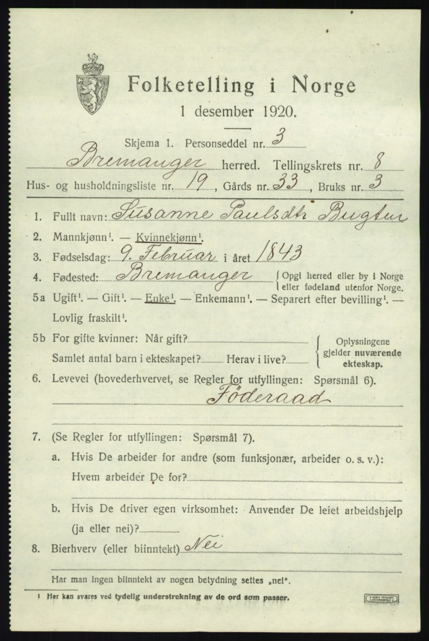 SAB, 1920 census for Bremanger, 1920, p. 5022