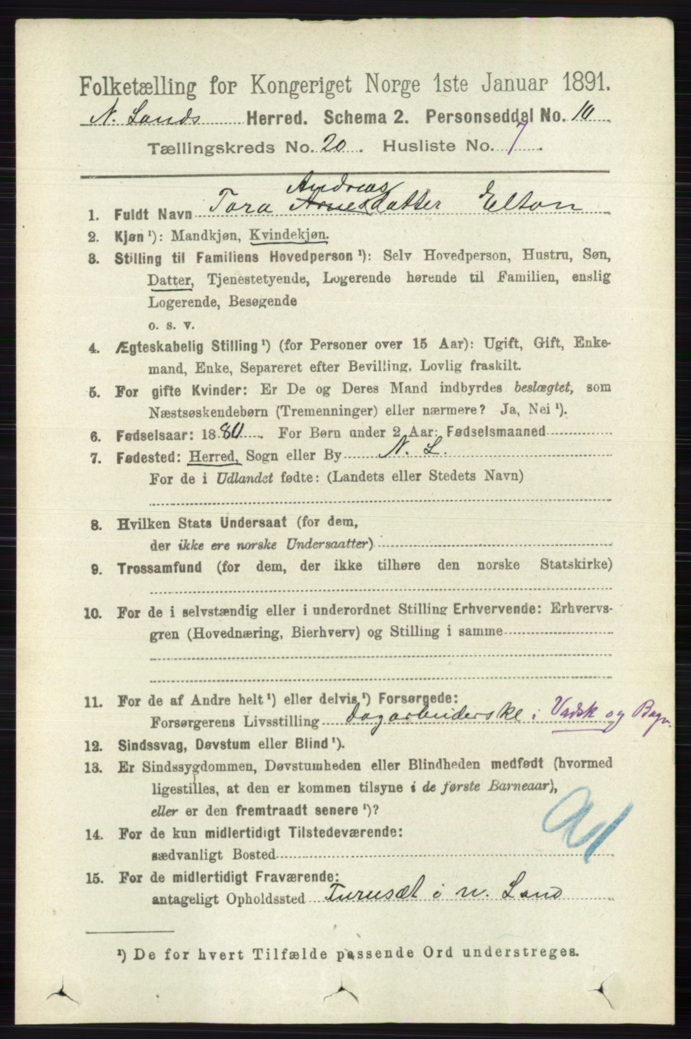 RA, 1891 census for 0538 Nordre Land, 1891, p. 4917