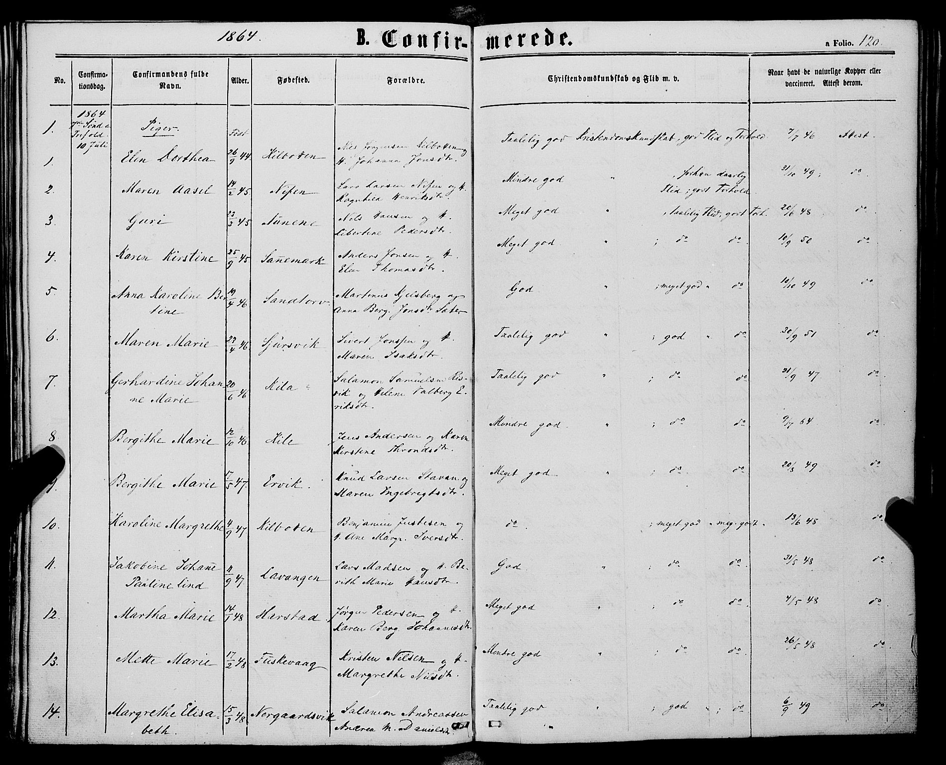 Trondenes sokneprestkontor, AV/SATØ-S-1319/H/Ha/L0012kirke: Parish register (official) no. 12, 1863-1870, p. 120